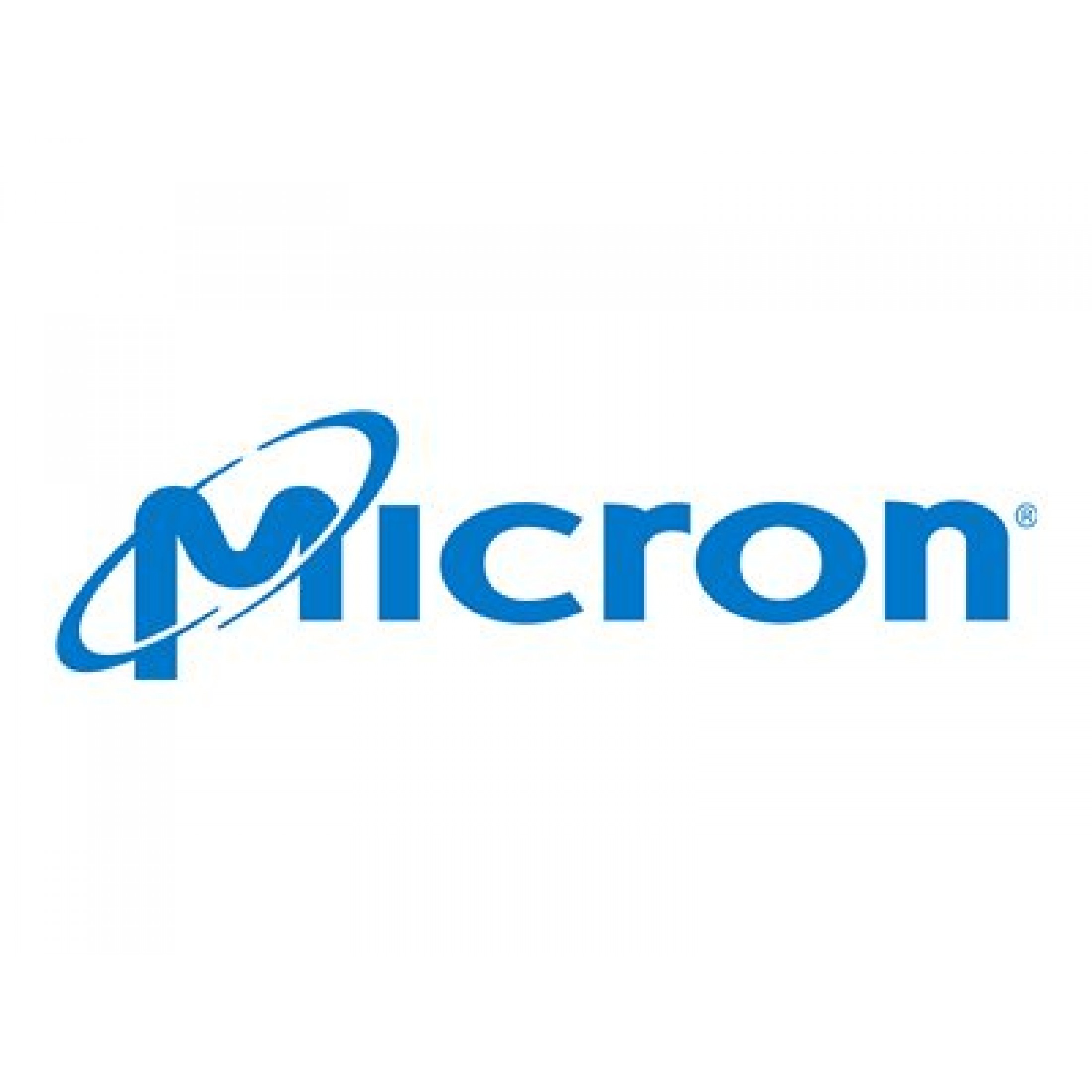 Micron-Logo auf weißem Hintergrund. Blaues Wort "Micron" mit einem stilisierten blauen Bogen um das Wort. Die Schrift ist fett.