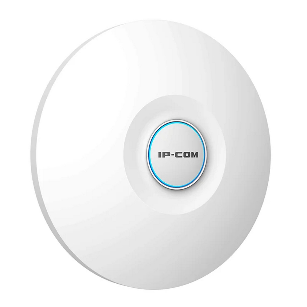 Weißes kreisförmiges Netzwerkgerät. Es hat das Logo 'IP-COM' in einem blauen Kreis. Einfacher weißer Hintergrund.