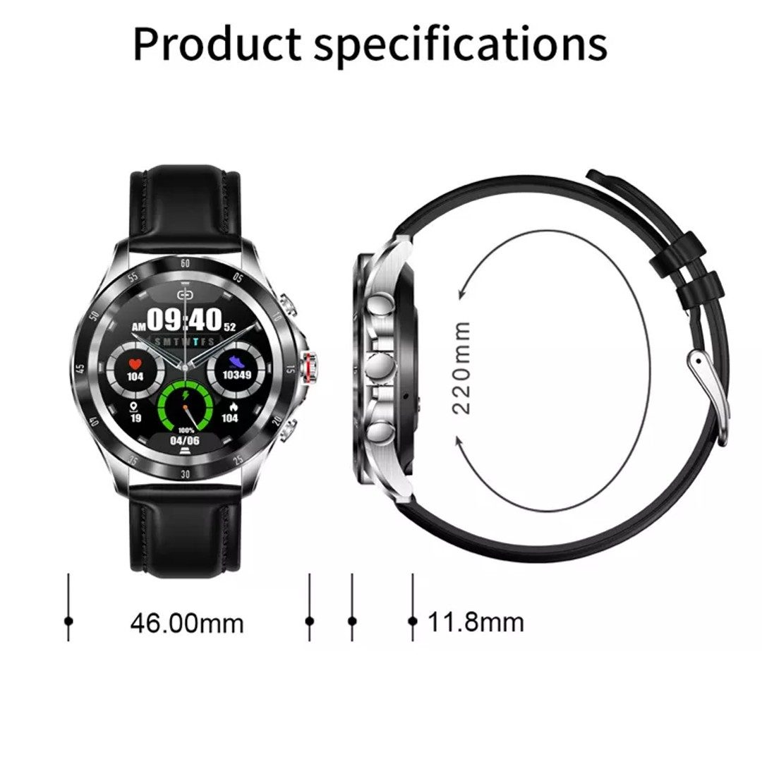 Specifiche dello smartwatch: quadrante, vista laterale con dimensioni 46,00 mm e 11,8 mm, più 220 mm di lunghezza del cinturino.