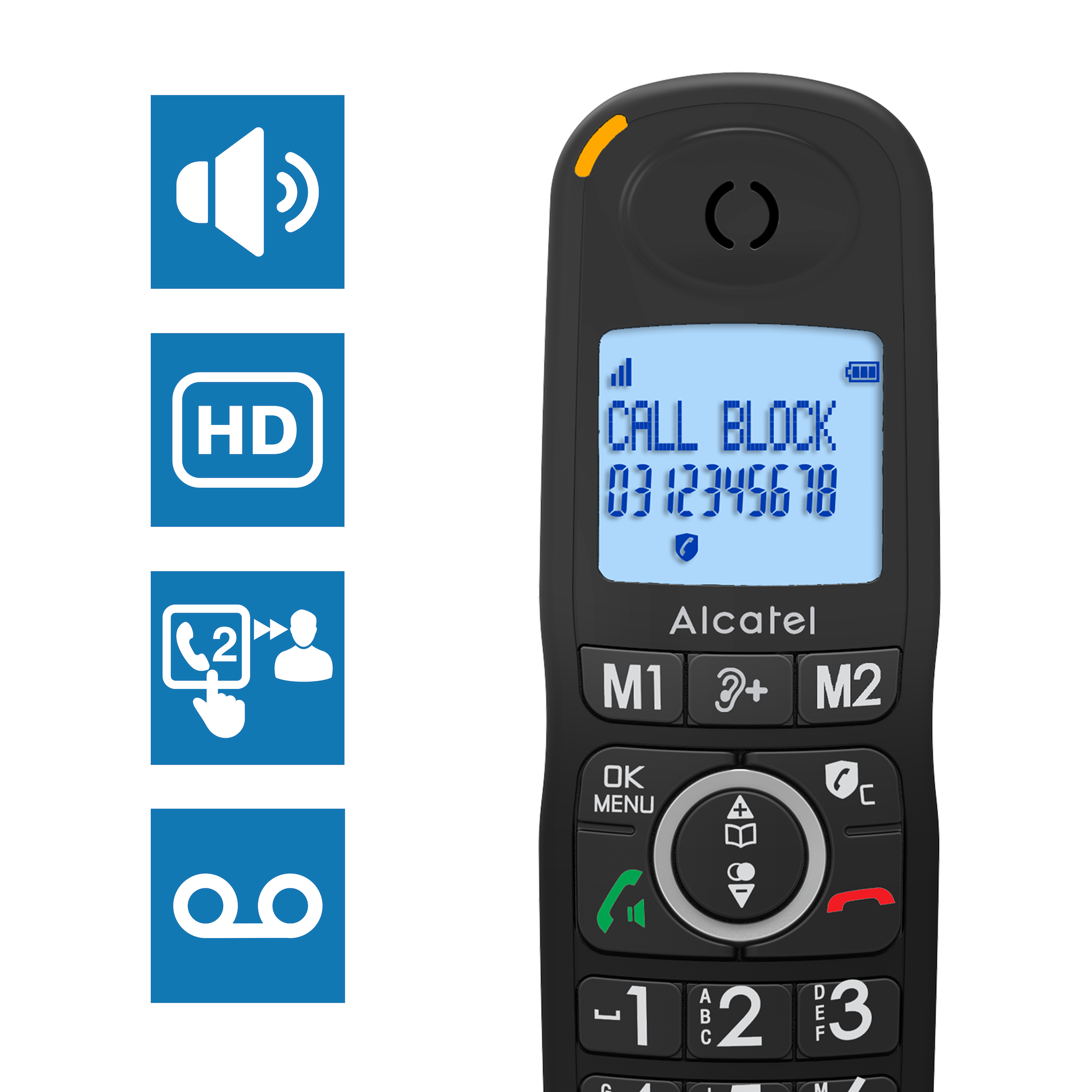 Un telefono Alcatel nero mostra 'CALL BLOCK' e un numero di telefono. Icone blu per volume, HD, chiamata e segreteria a sinistra.
