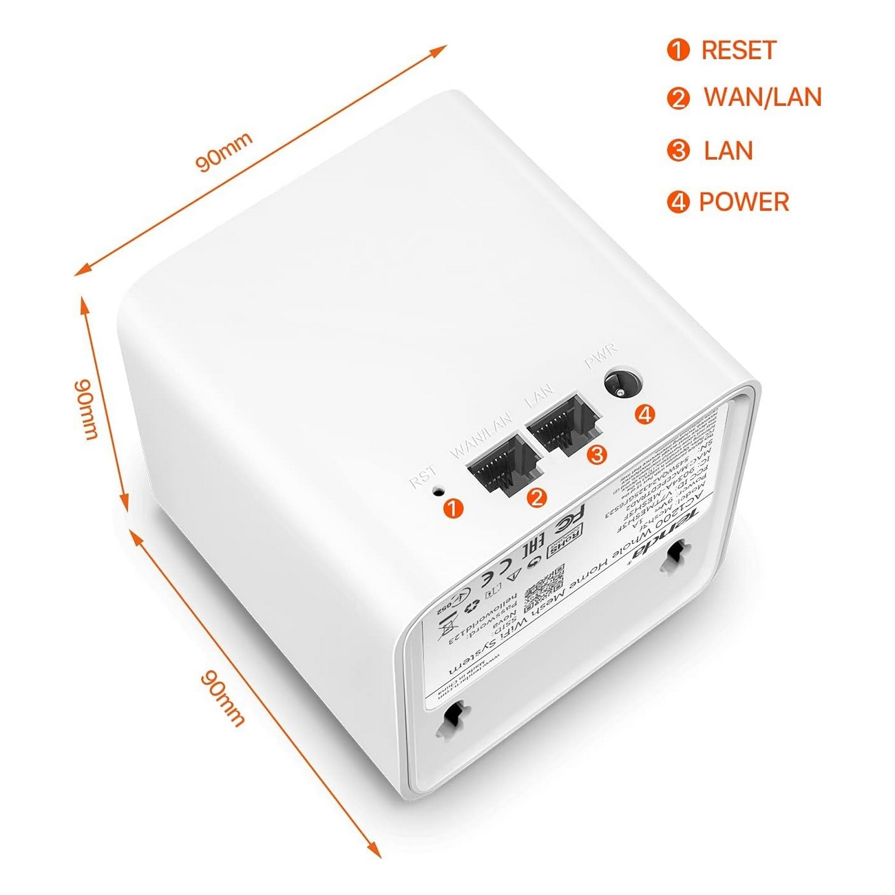Weißer Router mit Anschlüssen RST, WAN/LAN, LAN und PWR mit Abmessungen von 90 mm.
