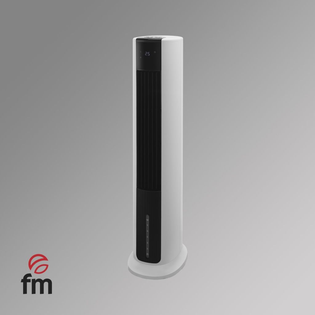 Un ventilador de torre blanco con frente negro, mostrando 25.