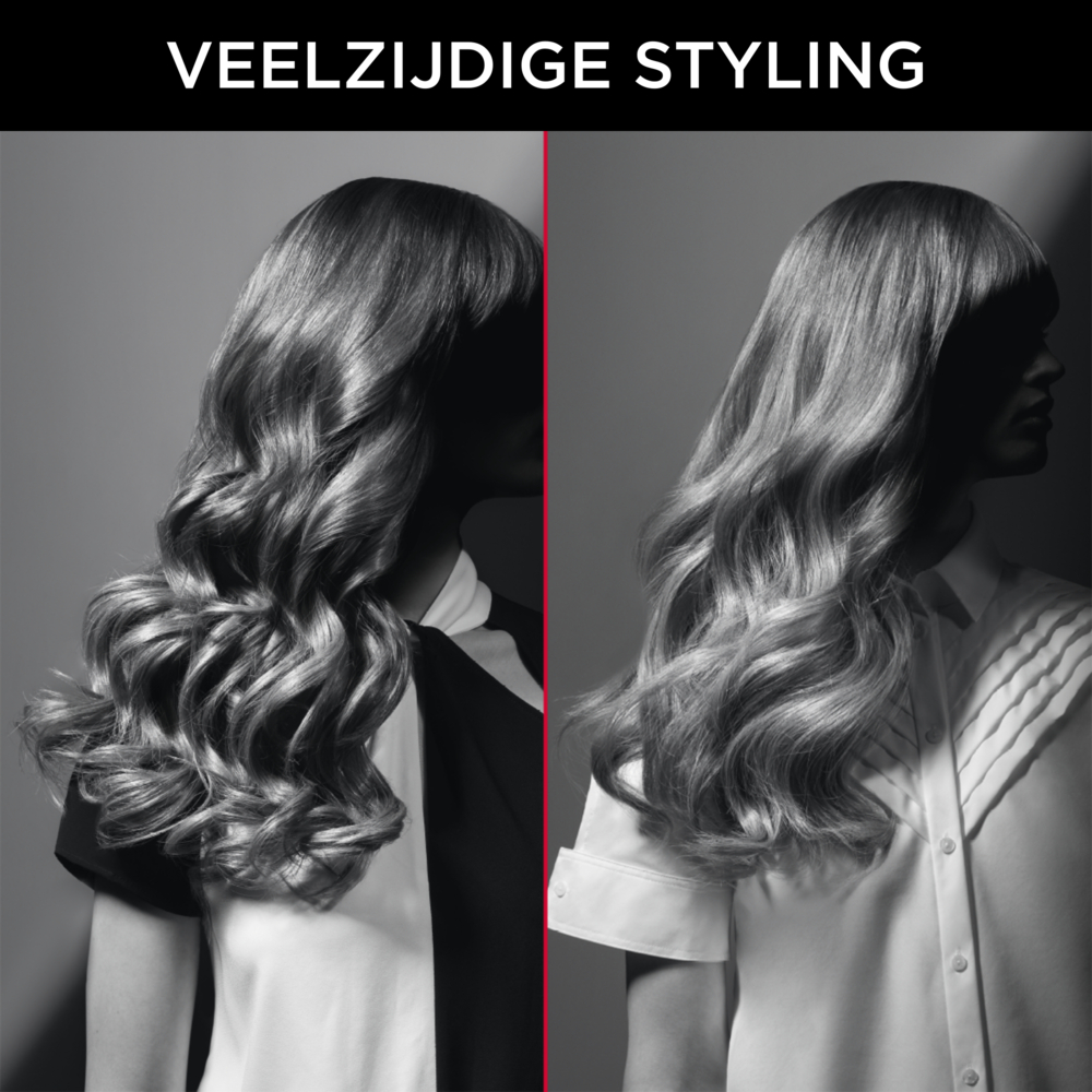 Dwie kobiety z falowanymi włosami, przedzielone czerwoną linią. Jedna ma ciemny top, druga białą koszulę.