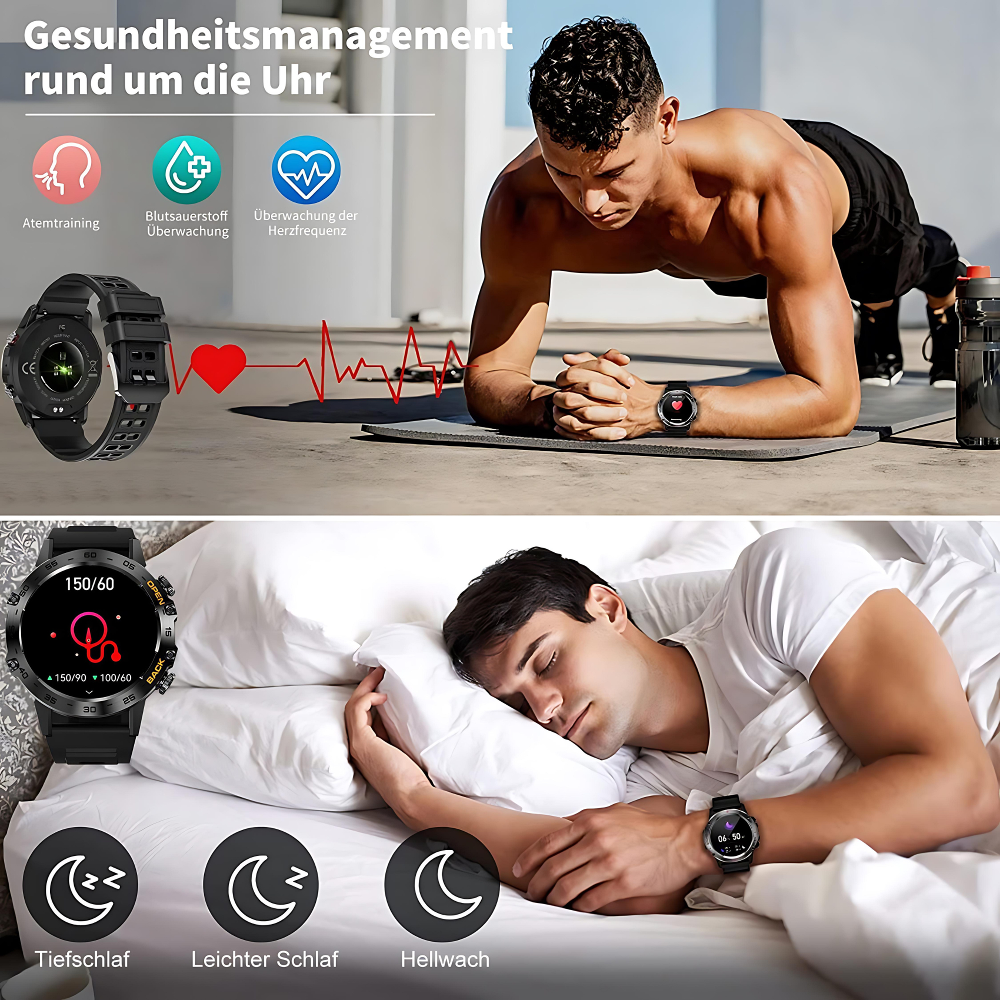Obraz przedstawia mężczyznę ćwiczącego i śpiącego, noszącego smartwatch. Grafika podkreśla funkcje monitorowania zdrowia.
