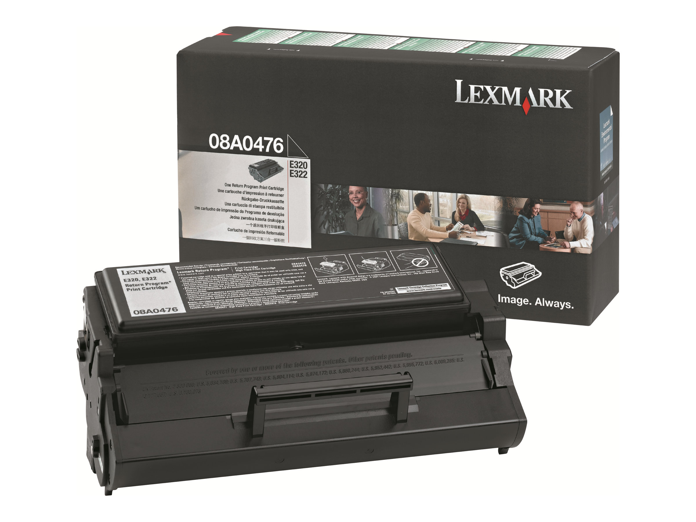 Cartuccia toner e scatola Lexmark. La cartuccia nera è accanto alla scatola nera.