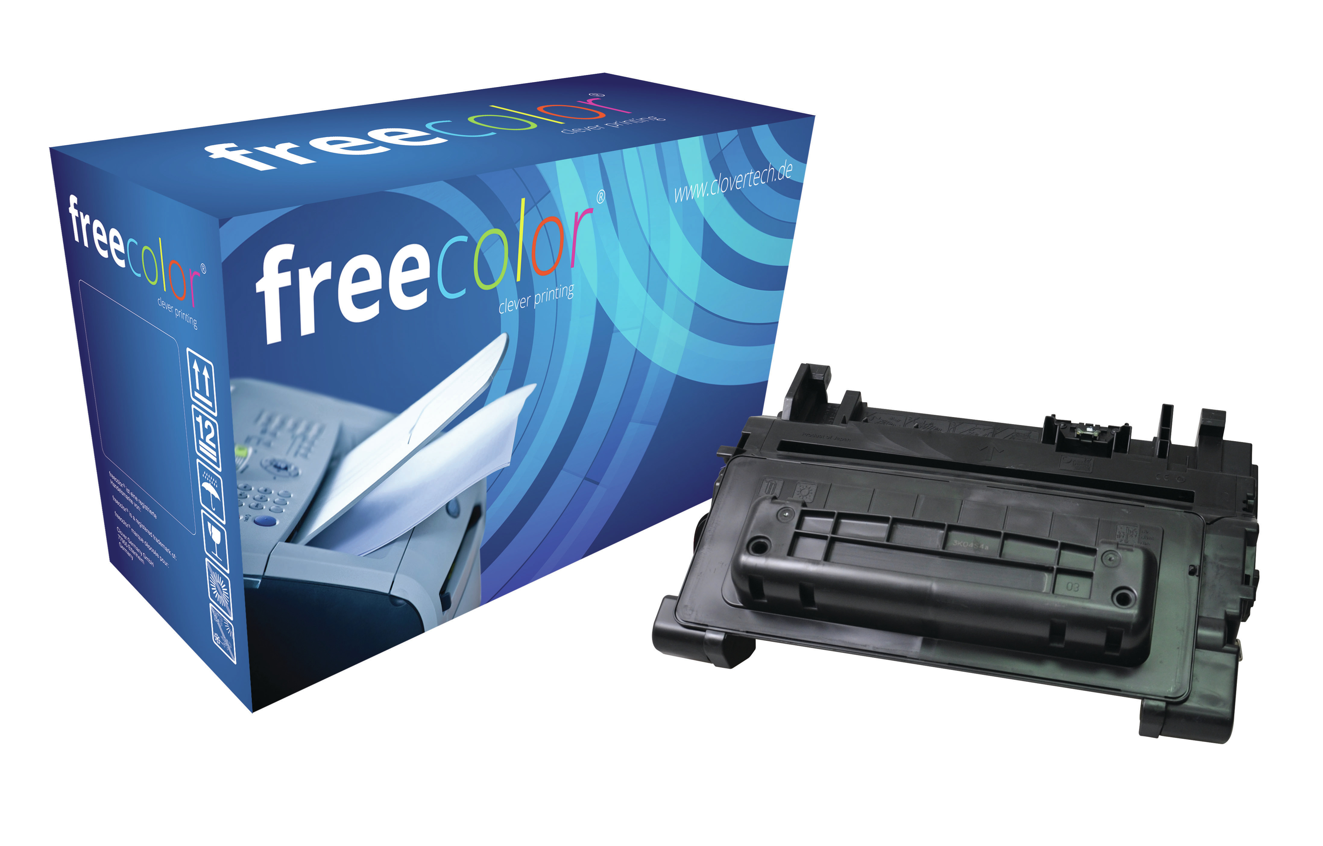 Cartuccia toner e scatola Freecolor. La cartuccia è nera. La scatola è blu e ha un'immagine della stampante.