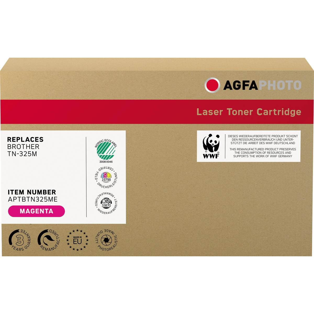 Scatola con etichetta per cartuccia toner laser. Contiene testo come 'Sostituisce', 'Magenta' e loghi.