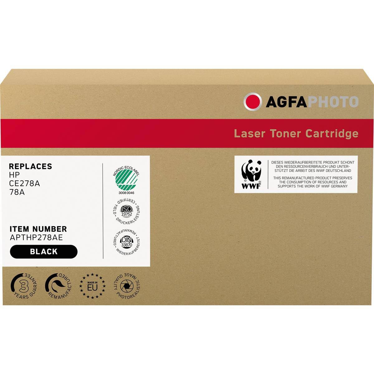 Una scatola marrone con testo nero. Dice 'Cartuccia toner laser' e 'AGFA Photo'.