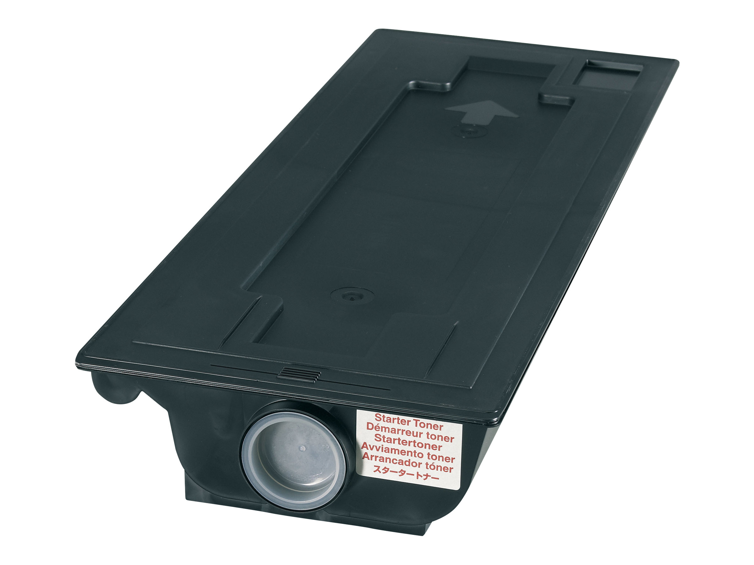 Cartuccia toner nera su sfondo bianco. È un toner di avvio. Ha un tappo argentato.