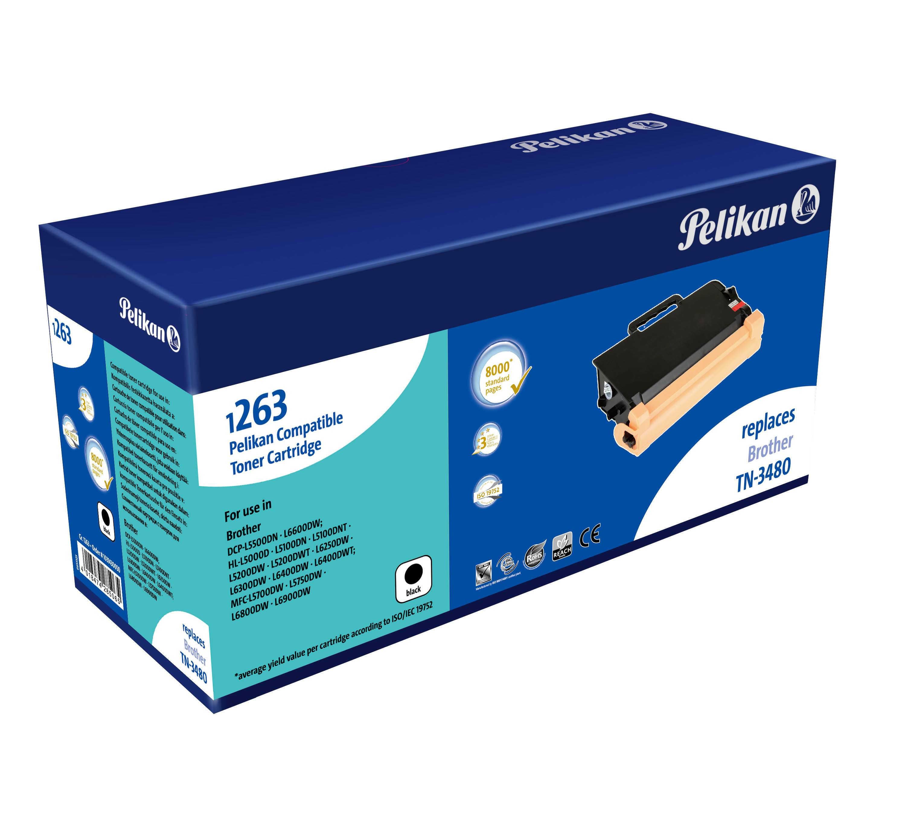 Una scatola blu con una cartuccia toner nera e beige. È un toner compatibile Pelikan.