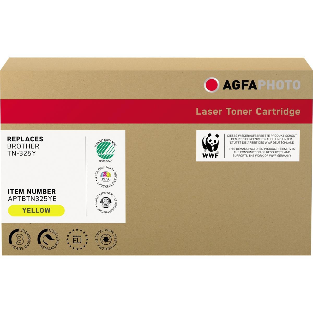 Una scatola marrone con testo giallo. Dice 'Cartuccia toner laser' e 'AGFA Photo'.