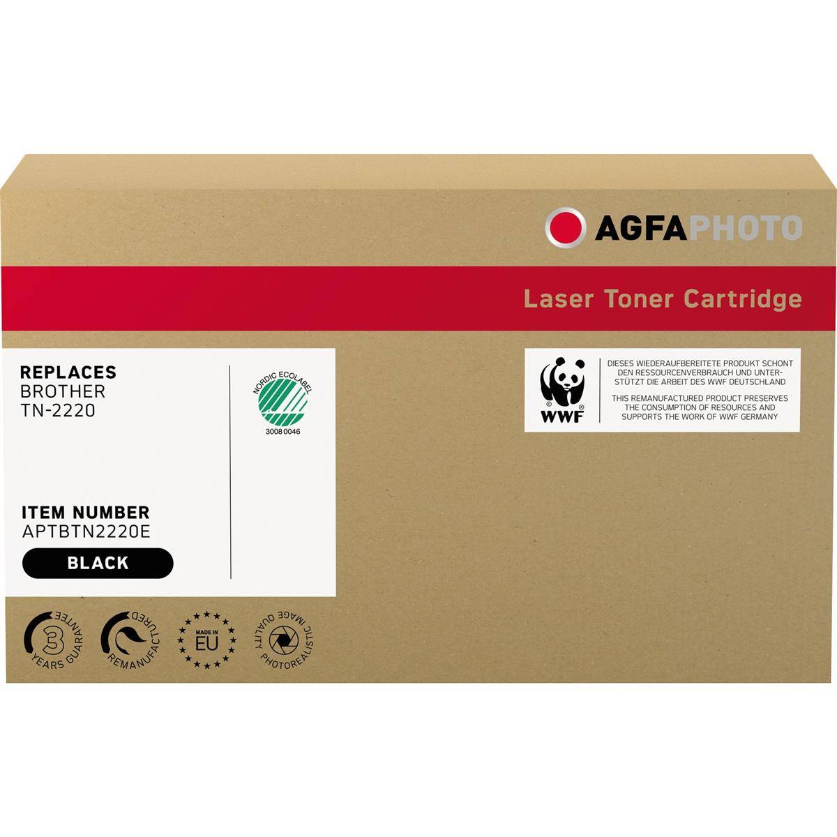 Una scatola marrone con testo nero. Dice 'Cartuccia toner laser' e 'AGFA Photo'.