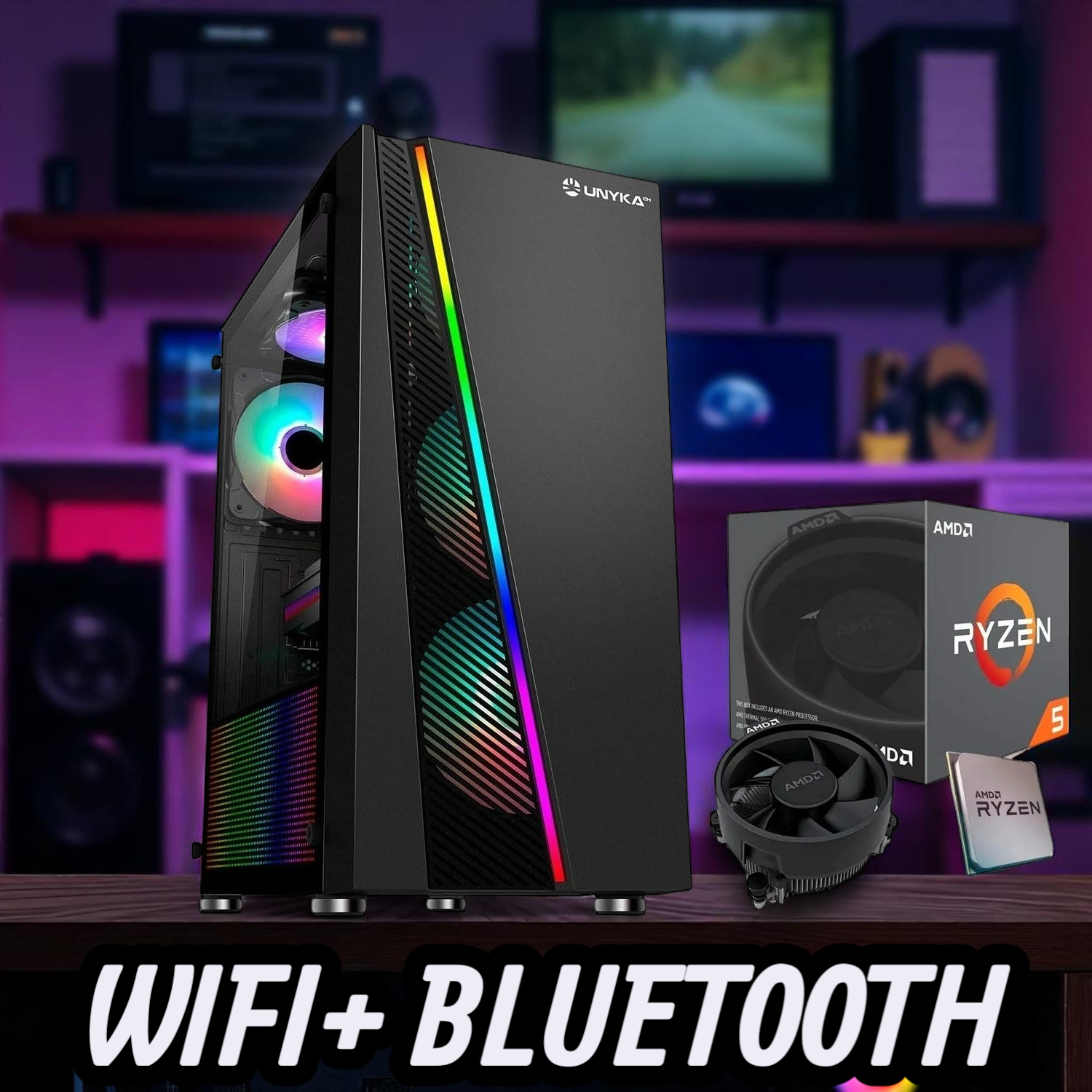 Case per computer nero con luci arcobaleno, scatola AMD Ryzen e dissipatore CPU, con testo 'WIFI + BLUETOOTH'.