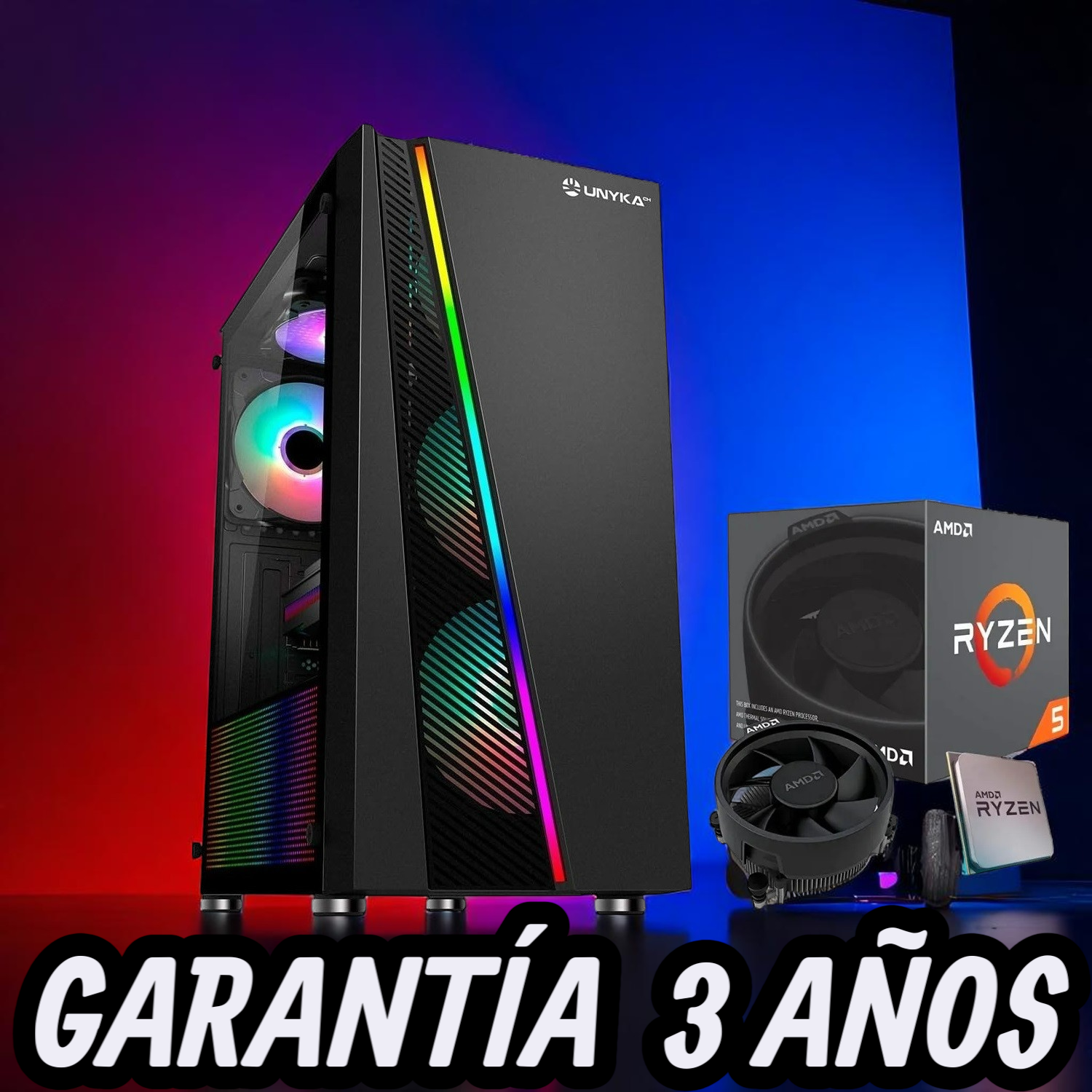 Case per computer nero con luci arcobaleno, scatola AMD Ryzen e un dissipatore CPU, con testo spagnolo 'Garantía 3 años'.