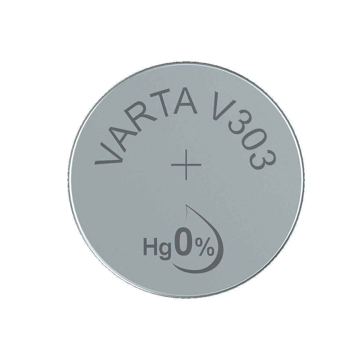 Srebrna bateria pastylkowa Varta V303. Posiada logo VARTA, znak plus i symbol Hg 0%. Na białym tle.