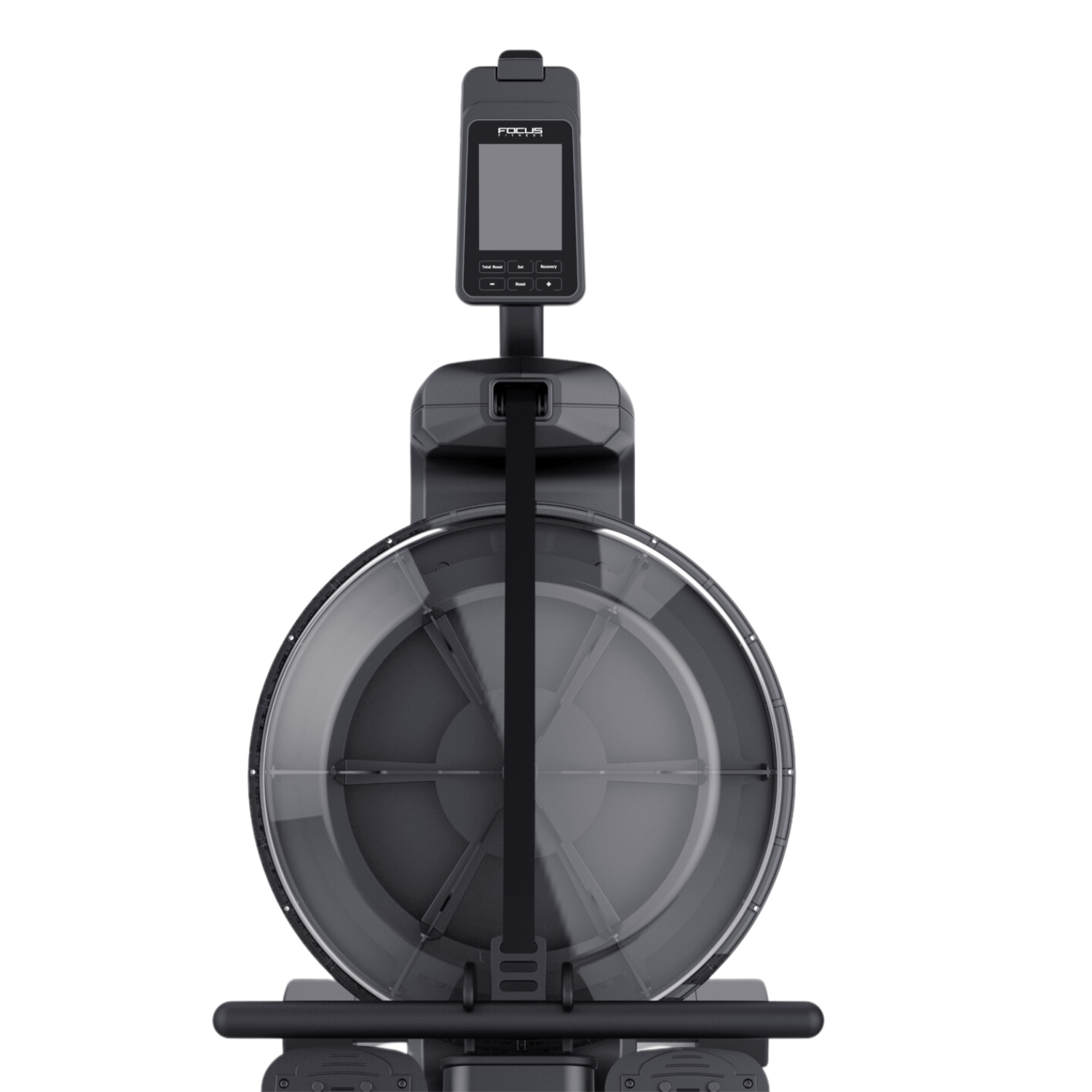 A black rowing machine with a digital display, water tank, and a black strap, isolated on white background.