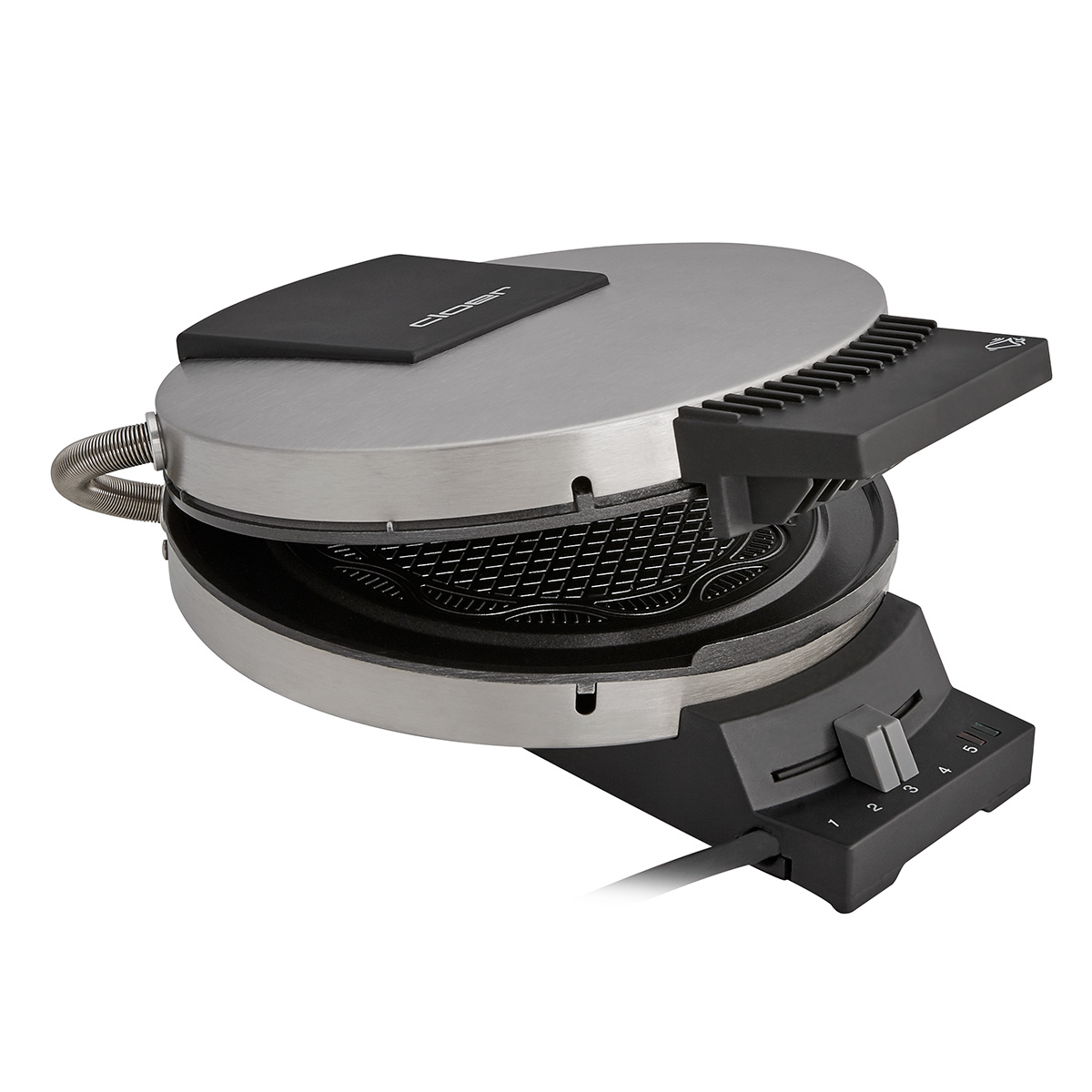 Ein Waffeleisen ist geöffnet. Die Oberseite ist abgewinkelt und zeigt die Innenplatten und ein Zifferblatt mit Zahlen auf der Vorderseite.