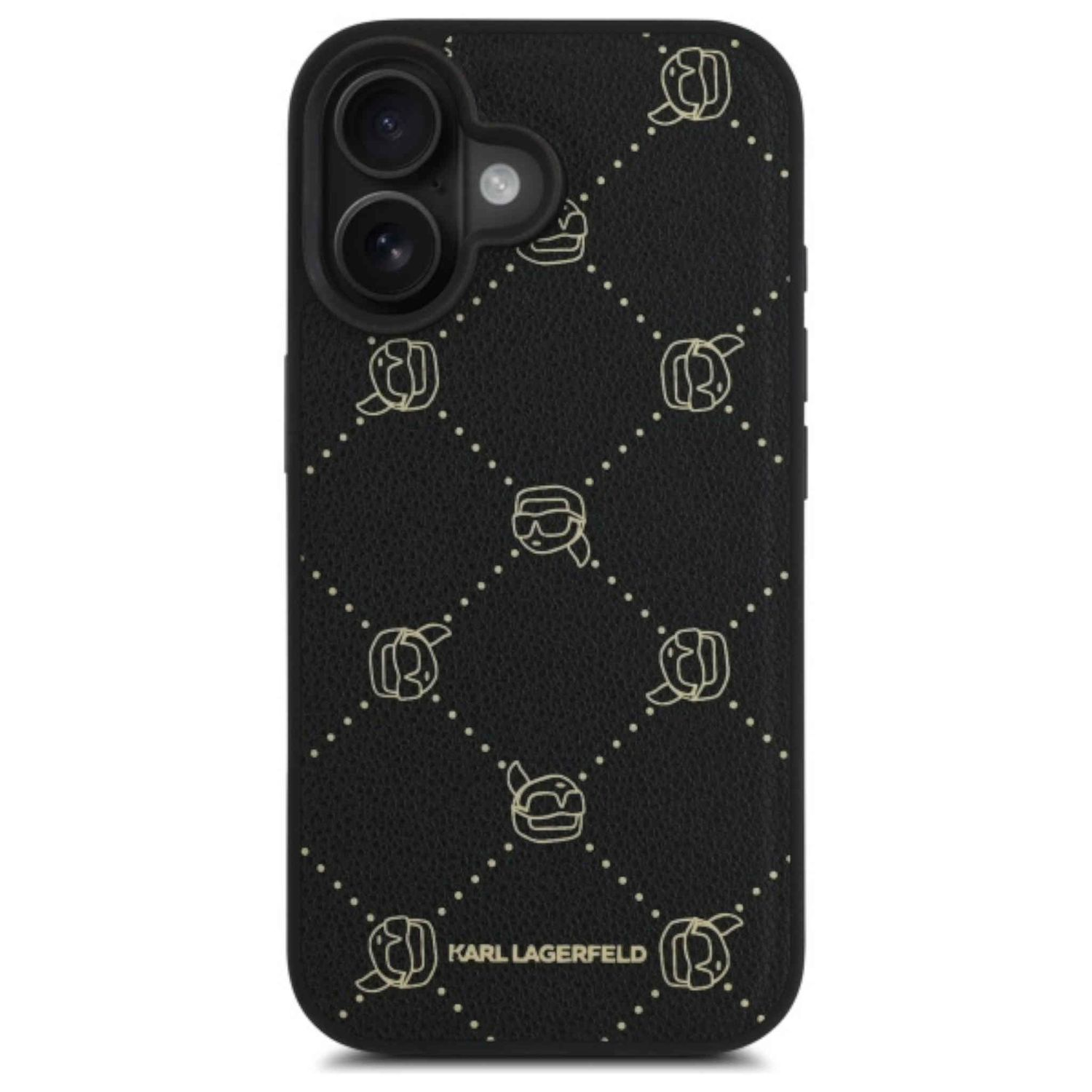 Altın Karl Lagerfeld desenli siyah telefon kılıfı. Telefonun çift kamera kurulumu var.