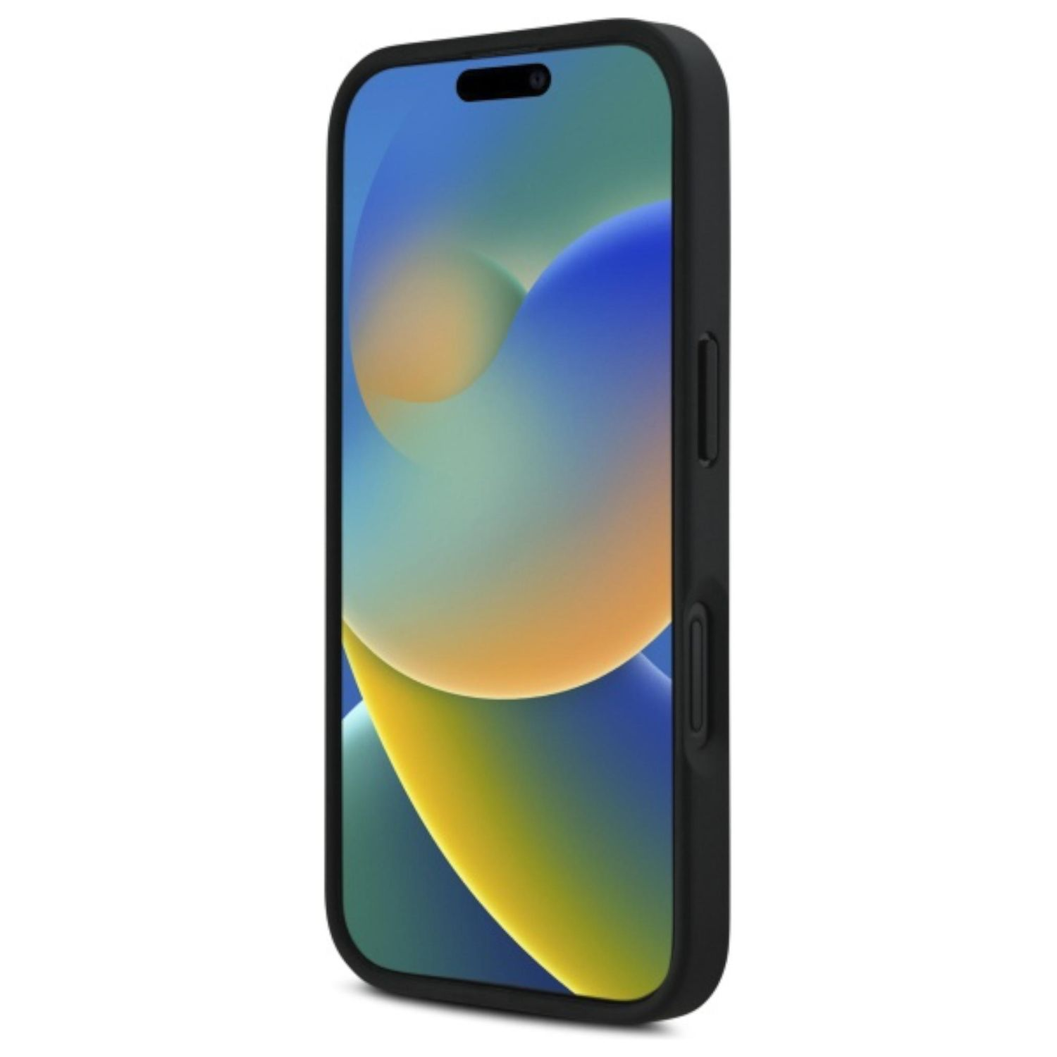 Renkli bir duvar kağıdına sahip siyah telefon. Telefonun siyah bir kasası ve yan taraflarında düğmeler var.