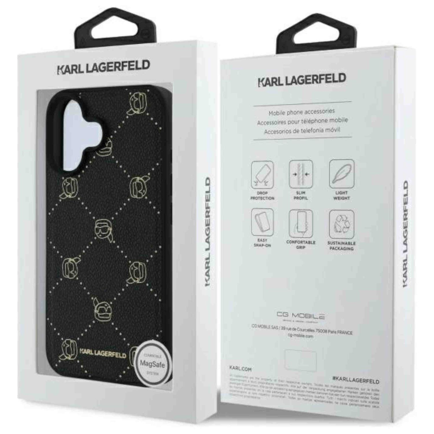 Telefon kılıfı ambalajı. Kutu, Karl Lagerfeld markasıyla beyaz ve bir telefon kılıfı görülebilir.
