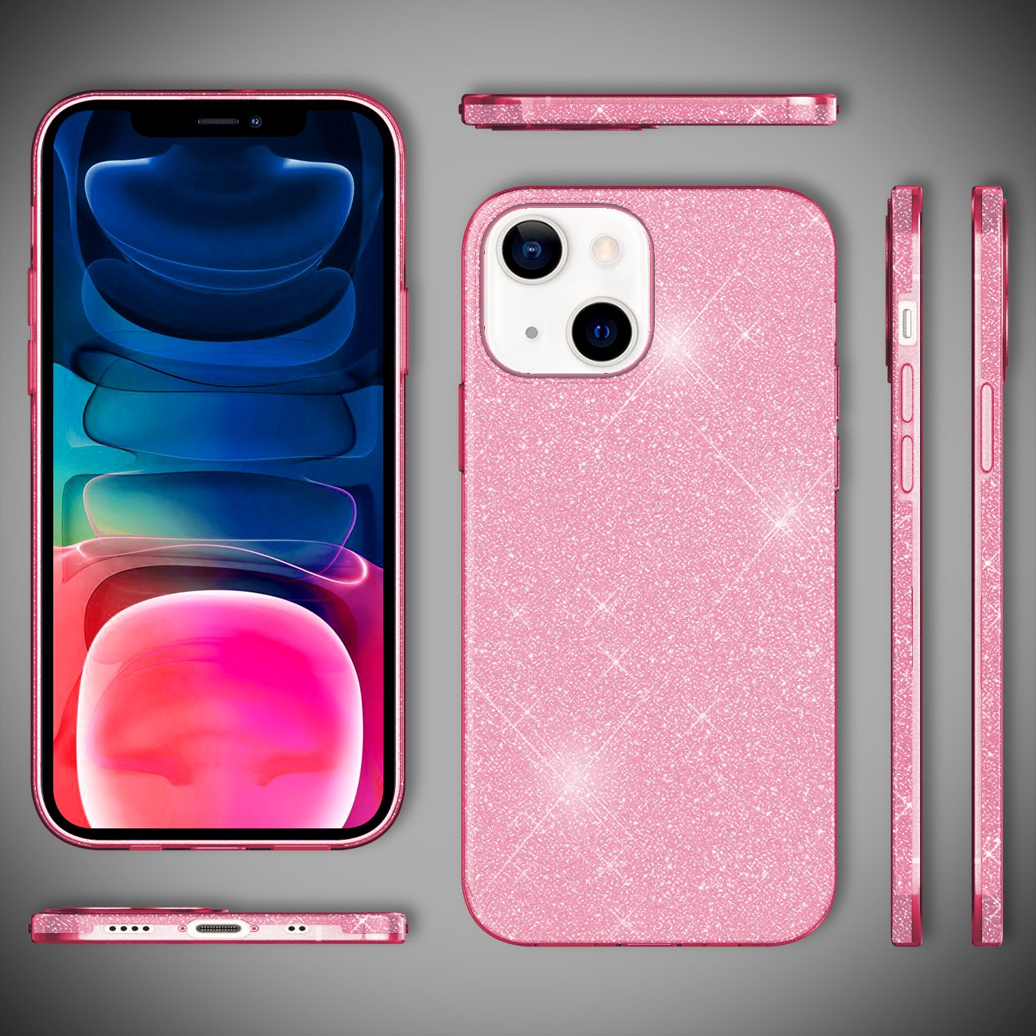 Custodia e telefono rosa glitterati. La custodia è mostrata da più angolazioni. Schermo visibile.