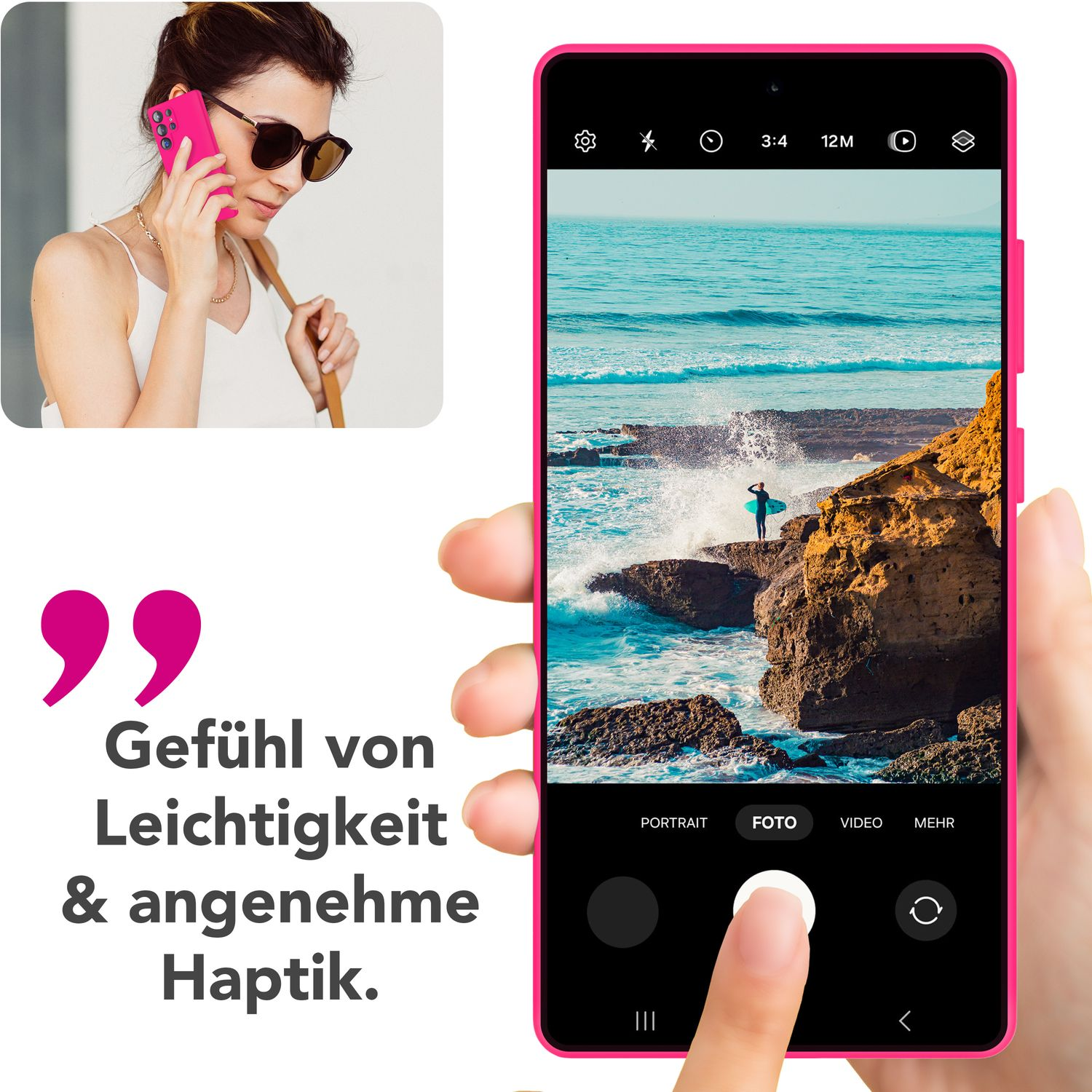 Frau telefoniert, ein Telefon zeigt ein Foto eines Surfers auf einem Felsen. Text: 'Gefühl von Leichtigkeit & angenehme Haptik'.