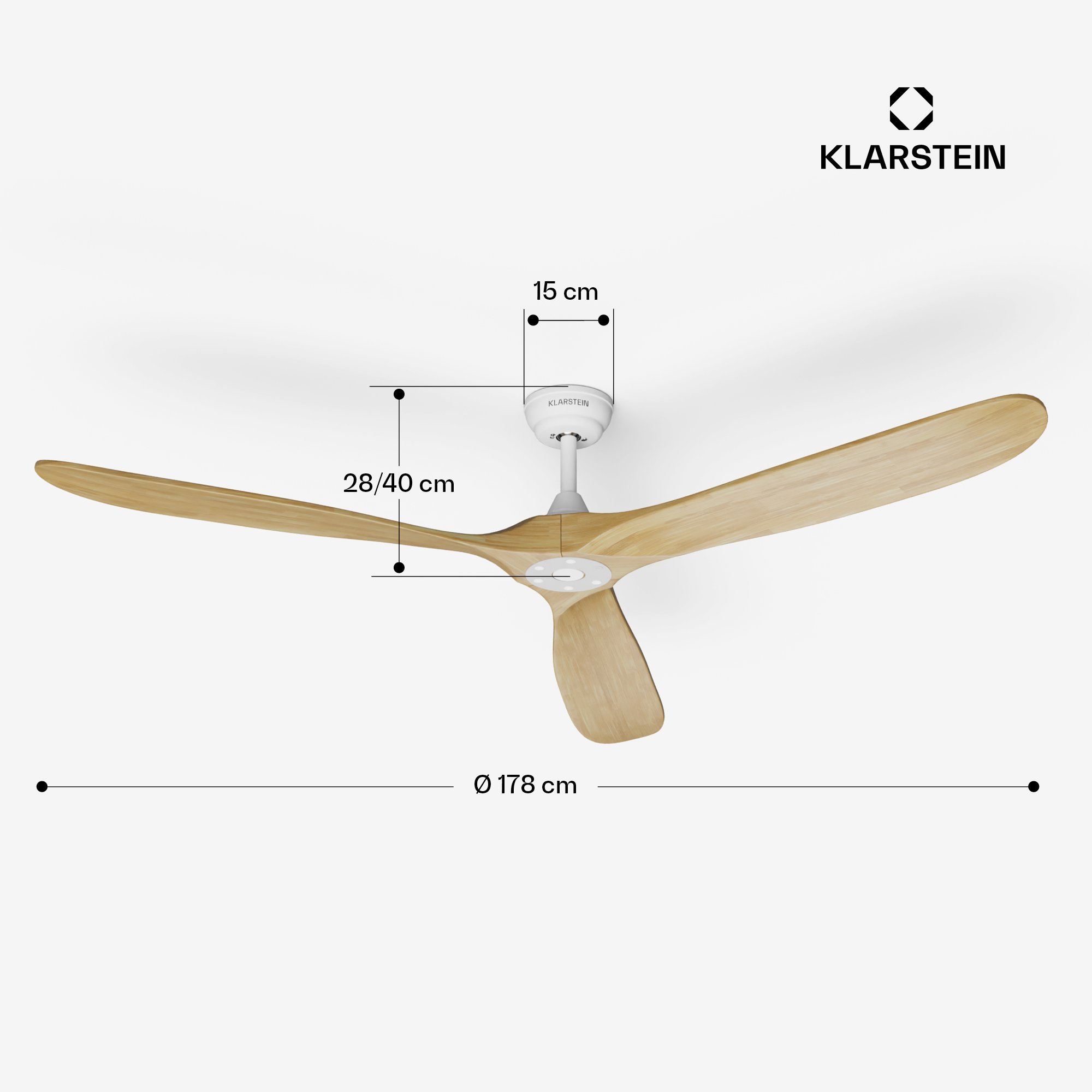 Deckenventilator mit Holzflügeln, weißem Motor und Beschriftungen: 178 cm Durchmesser, 28/40 cm Länge und 15 cm Höhe.