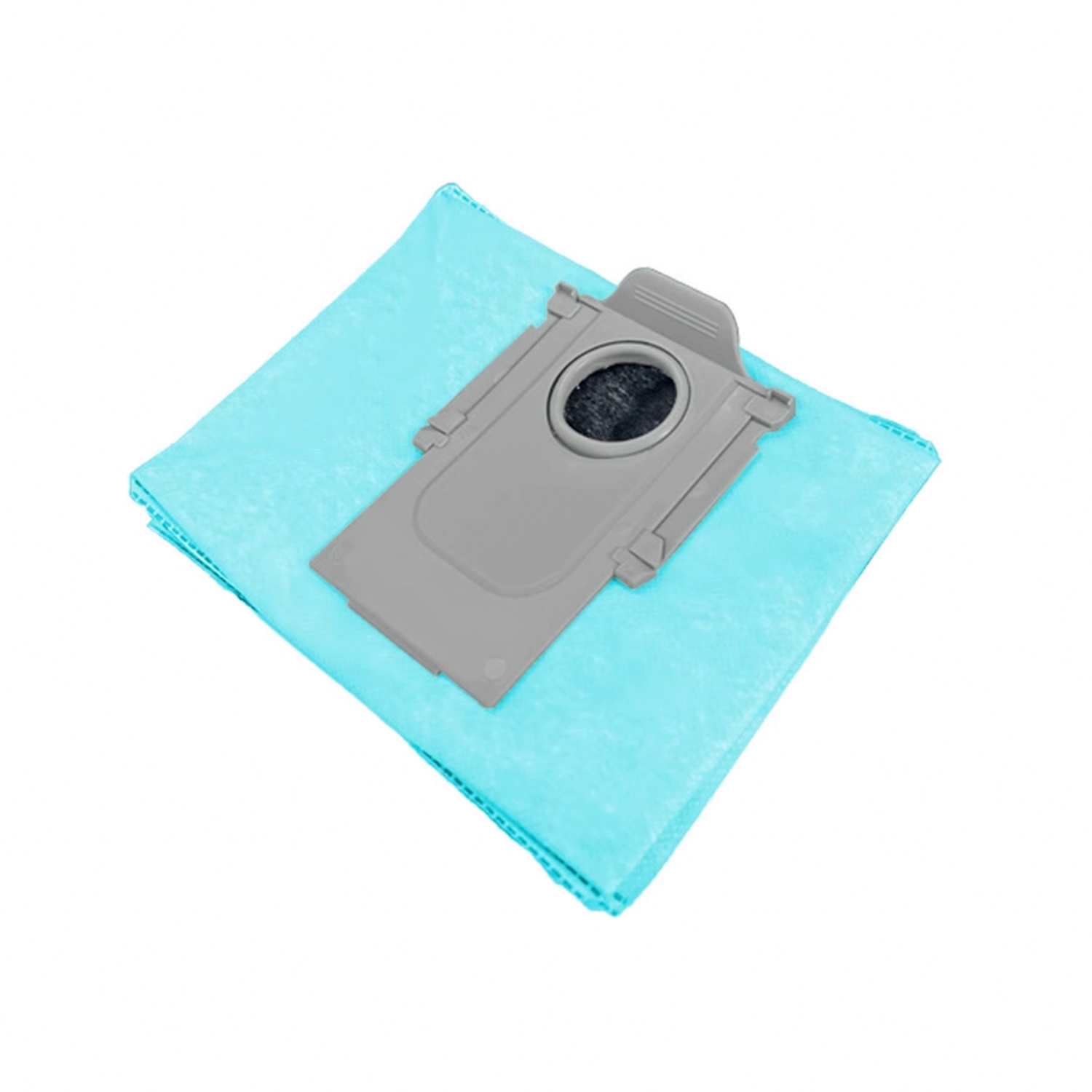 Ein grauer Staubsaugerbeutel auf einem blauen Tuch. Der Beutel hat eine zentrale Öffnung mit dunklem Filter.