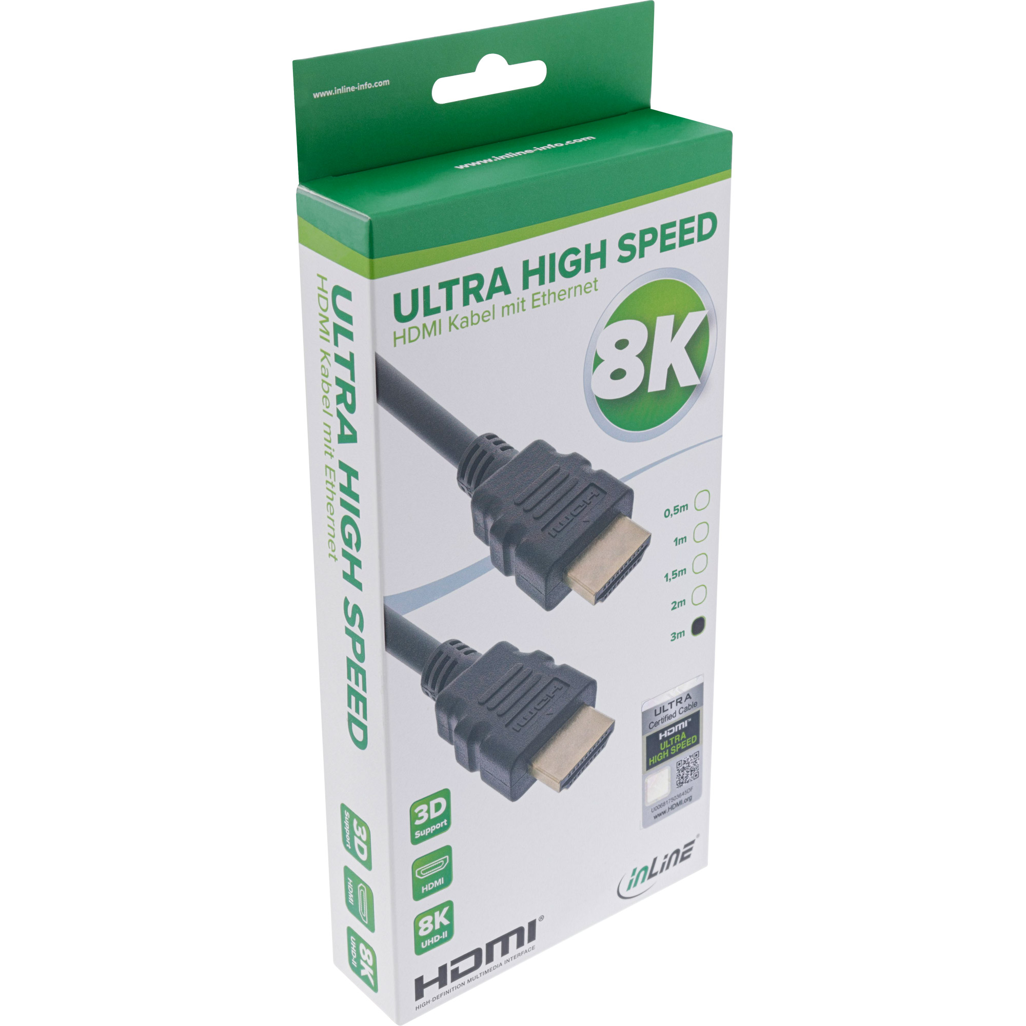 Eine grün-weiße Box mit einem HDMI-Kabel. Der Text lautet 'Ultra High Speed' und '8K'.