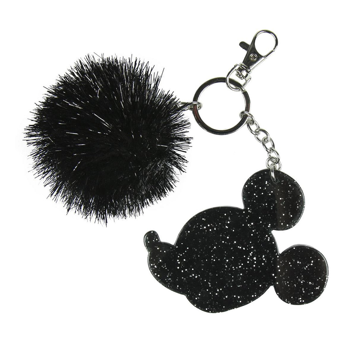 Llavero de Mickey Mouse negro con purpurina y un pompón negro.