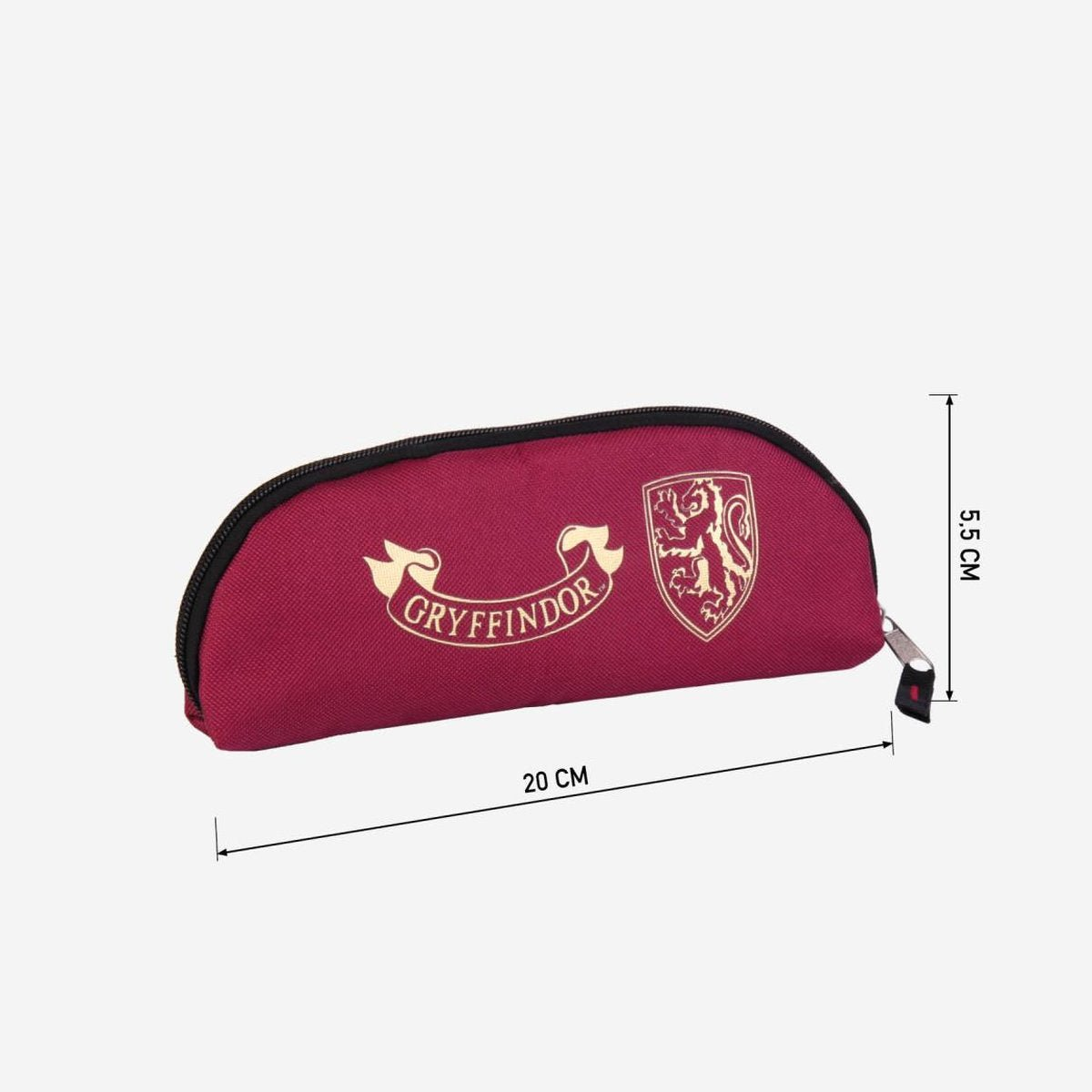 Estuche granate de Gryffindor con escudo dorado y letras, 20 cm largo.