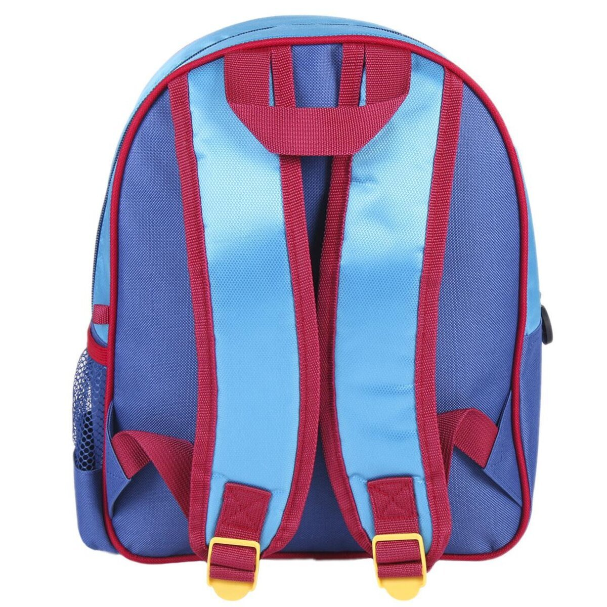 Mochila azul con correas y detalles rojos, hebillas amarillas.