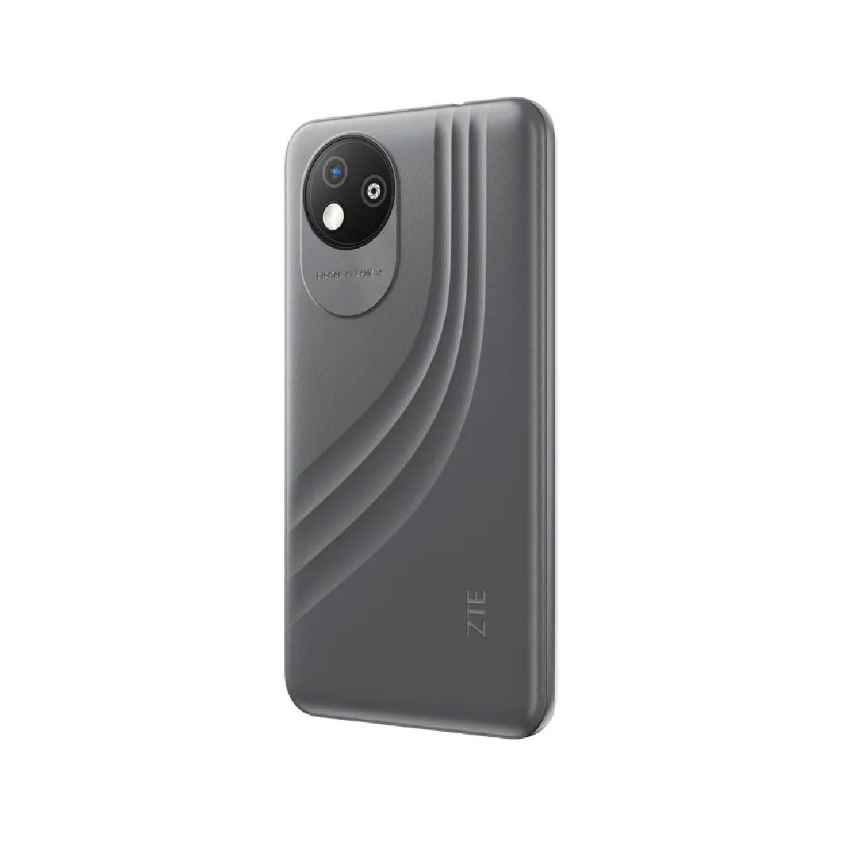 Uno smartphone grigio con configurazione a doppia fotocamera, una fotocamera centrale e un retro strutturato, sfondo bianco.