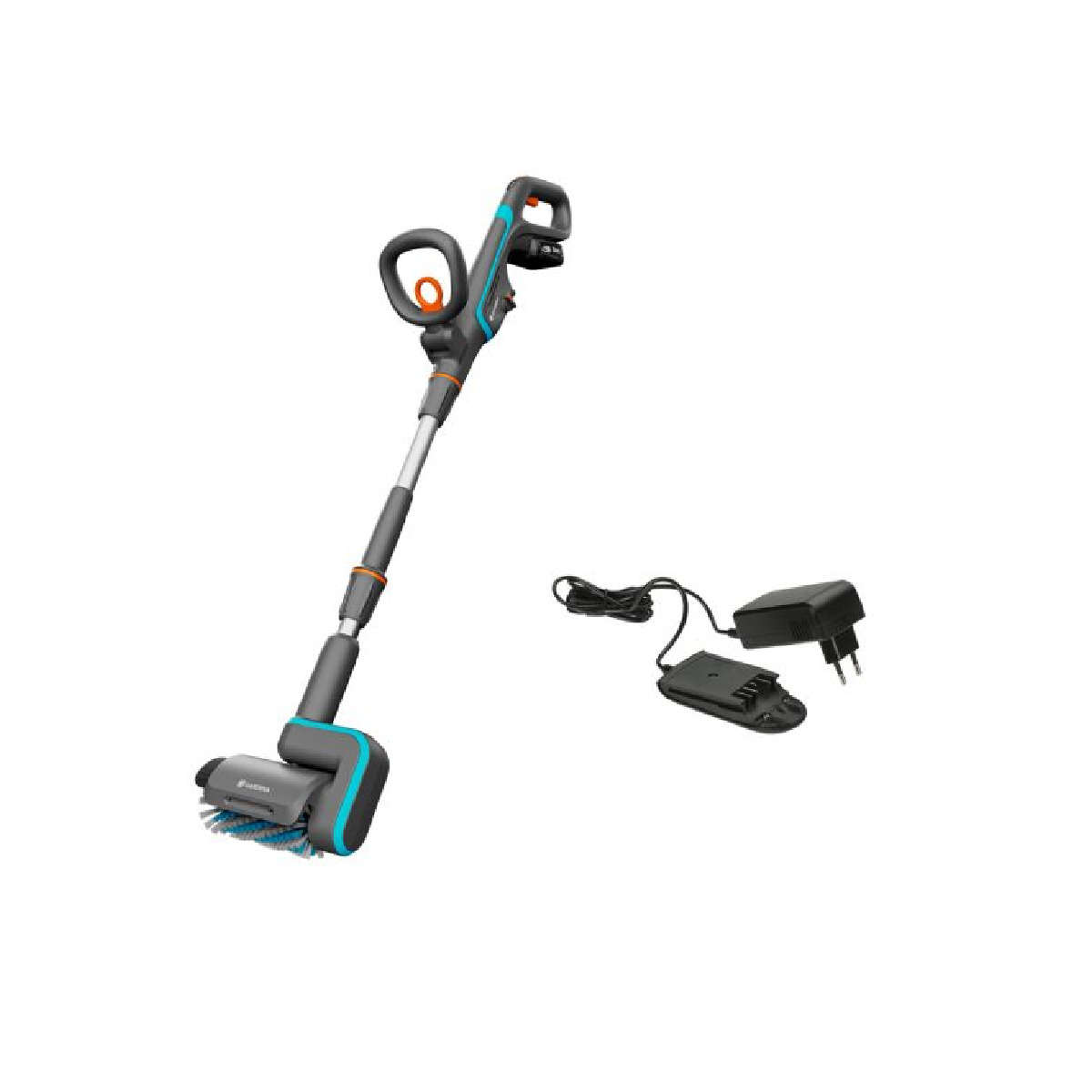 Eine kabellose Gartenbürste mit Ladegerät. Die Bürste ist grau und blau, das Ladegerät schwarz.