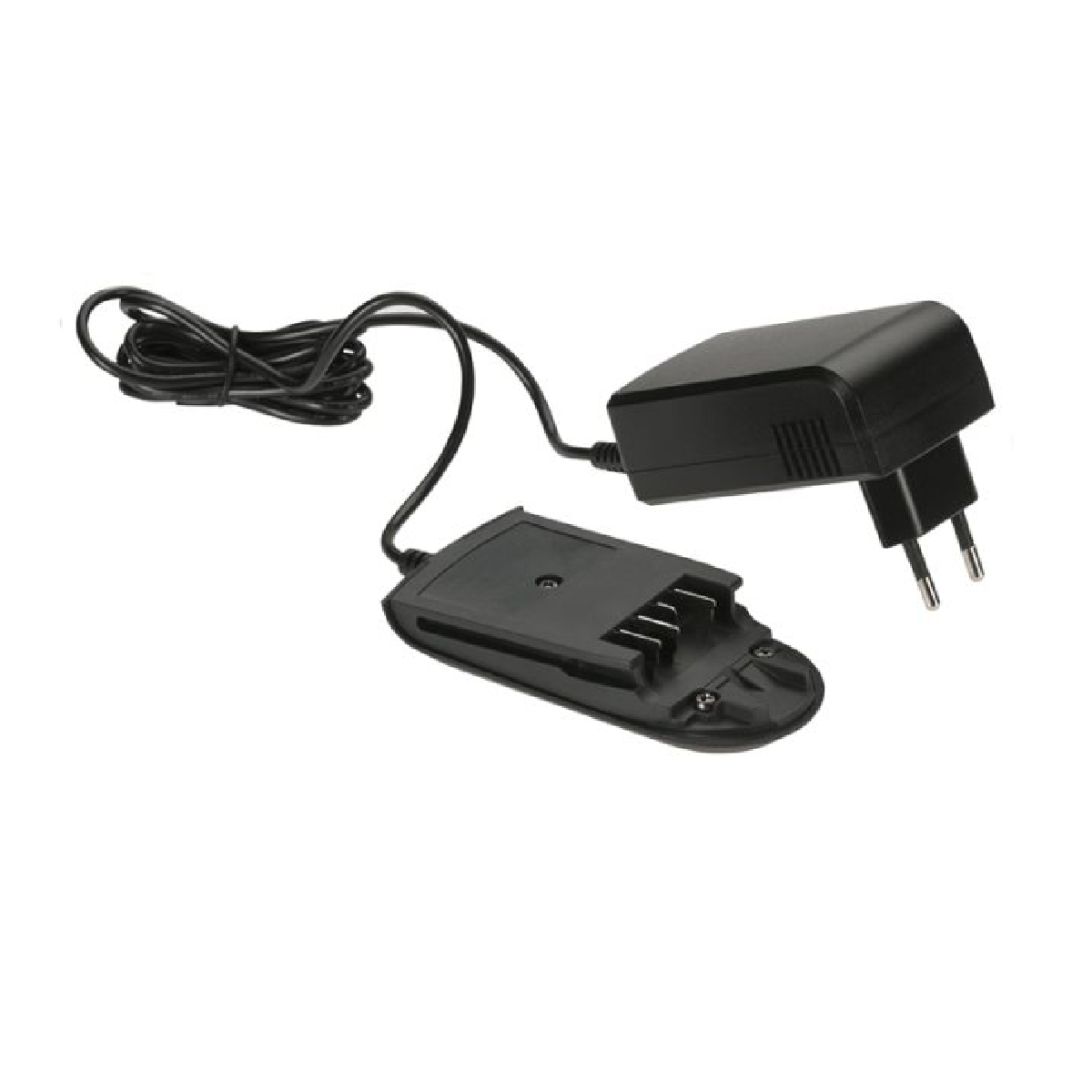 Schwarzes Ladegerät mit schwarzem Netzteil. Das Ladegerät ist mit einer Ladestation verbunden. Alles auf weißem Grund.