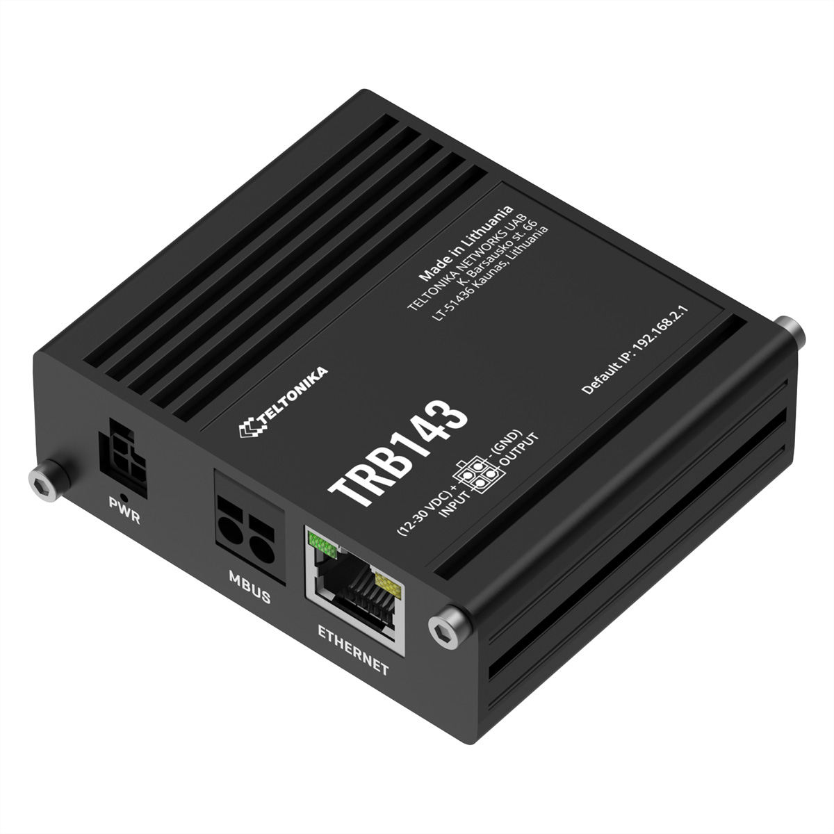 Zwart Teltonika TRB143-apparaat met ventilatiesleuven, poorten en labels. Gemaakt in Litouwen. Ethernet-, MBUS- en PWR-poorten.