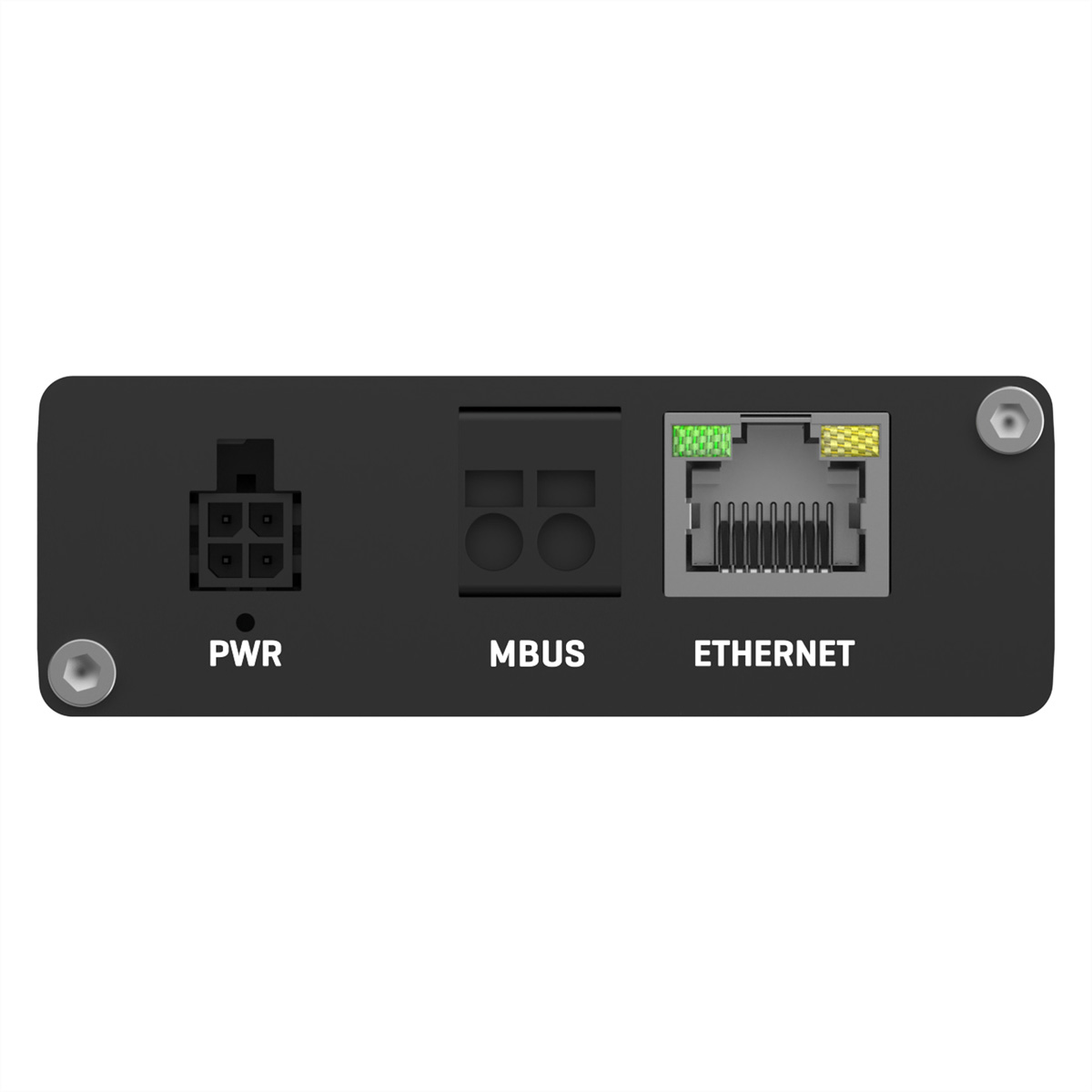 Een zwart paneel met PWR-, MBUS- en Ethernet-poorten. De achtergrond is wit.