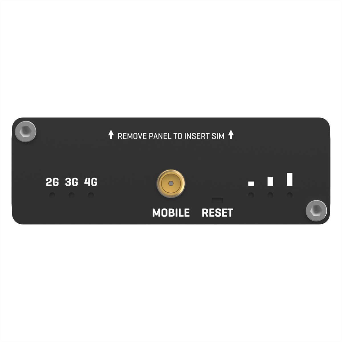 Bovenaanzicht van een zwart apparaat met labels: 2G, 3G, 4G, Mobiel, Reset en antenne-aansluiting. Tekst: SIM-kaart plaatsen.