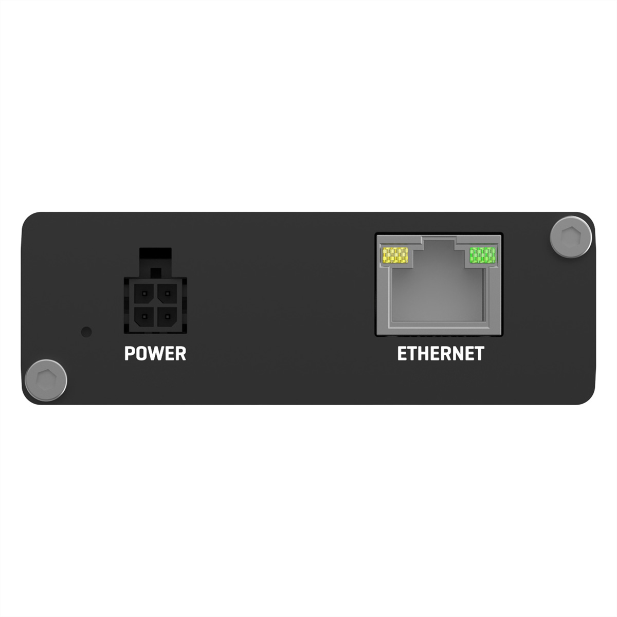 Zwart apparaat, achteraanzicht met stroom- en Ethernet-poorten. Twee schroeven zijn zichtbaar aan de zijkanten. Witte achtergrond.