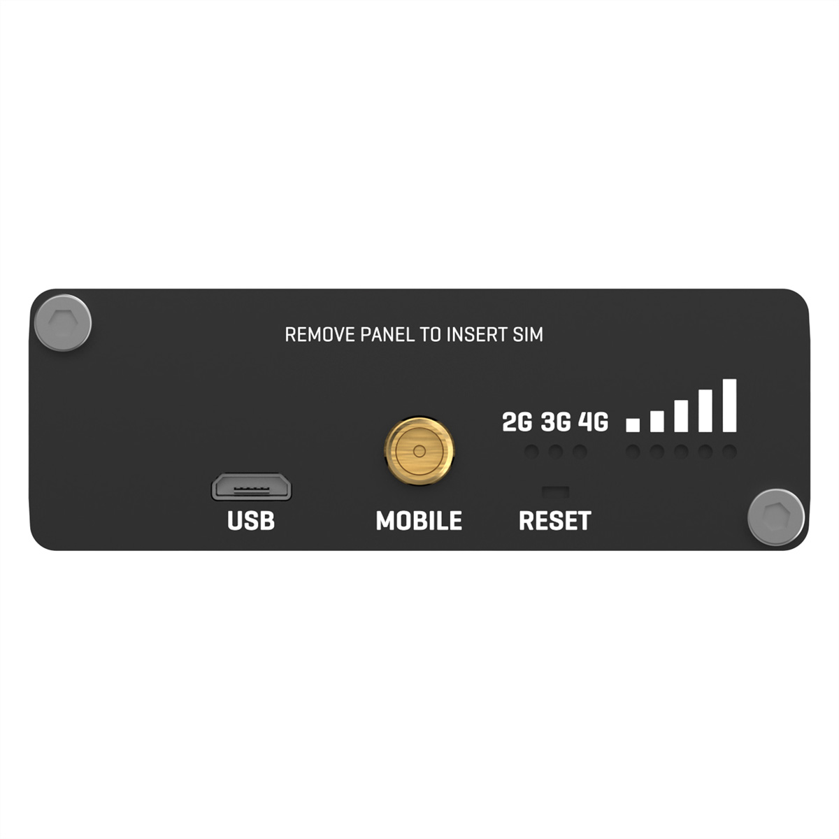 Een zwart paneel met USB-, Mobile- en Reset-poorten. De achtergrond is wit.
