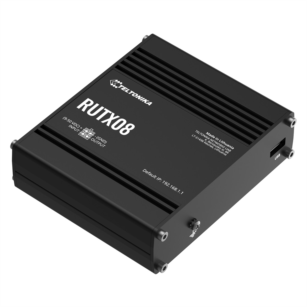 Zwart RUTX08 Teltonika-apparaat met tekst, logo's en poorten. Kenmerken zijn USB, WiFi en BT, met standaard IP-adres.