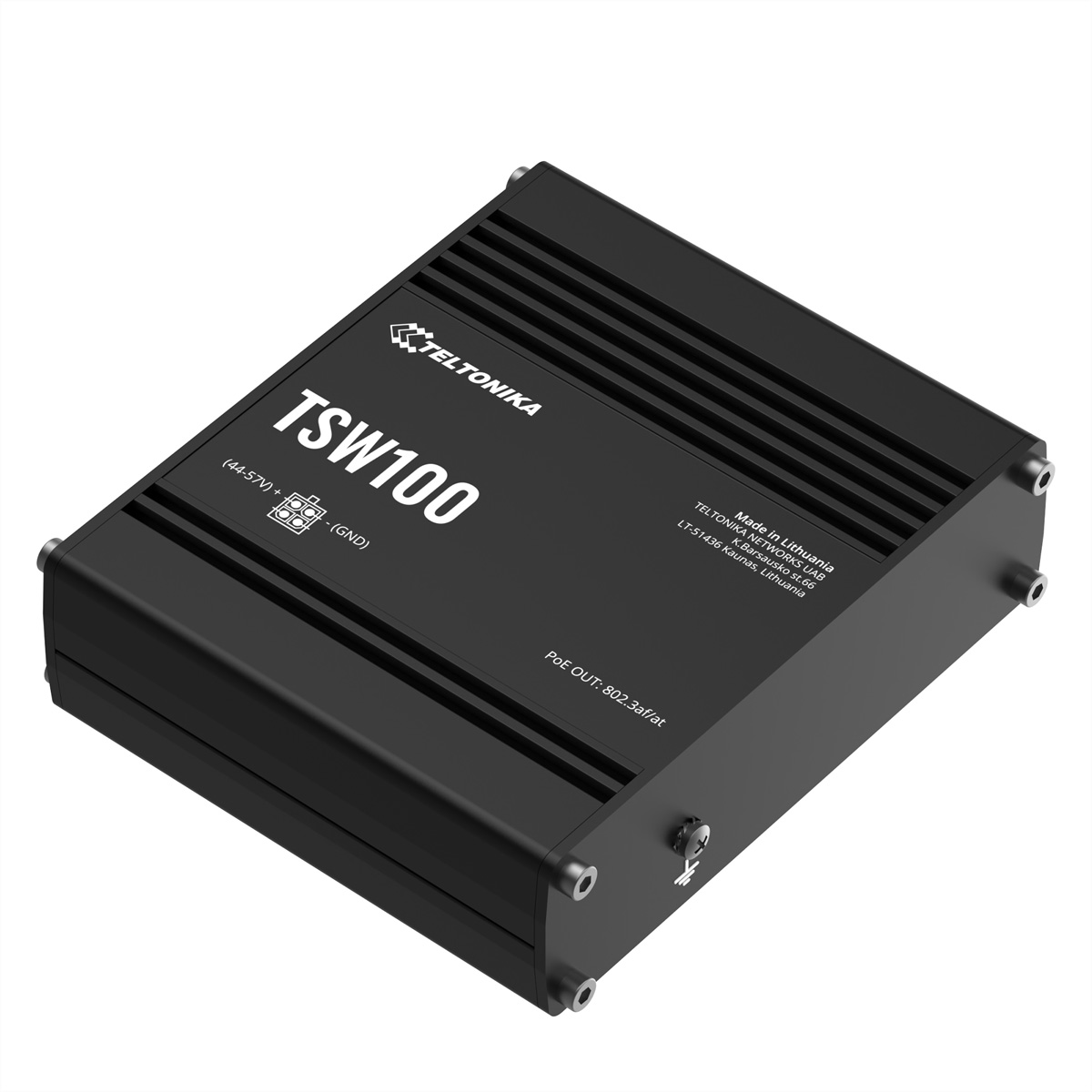 Czarne urządzenie TSW100 Teltonika z tekstem, logo i portami. Zawiera PoE, wejście zasilania i informacje o produkcie.