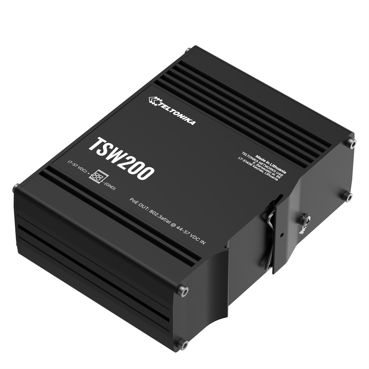 Czarne urządzenie TSW200 Teltonika z tekstem, logo i portami. Zawiera PoE, wejście zasilania i informacje o produkcie.