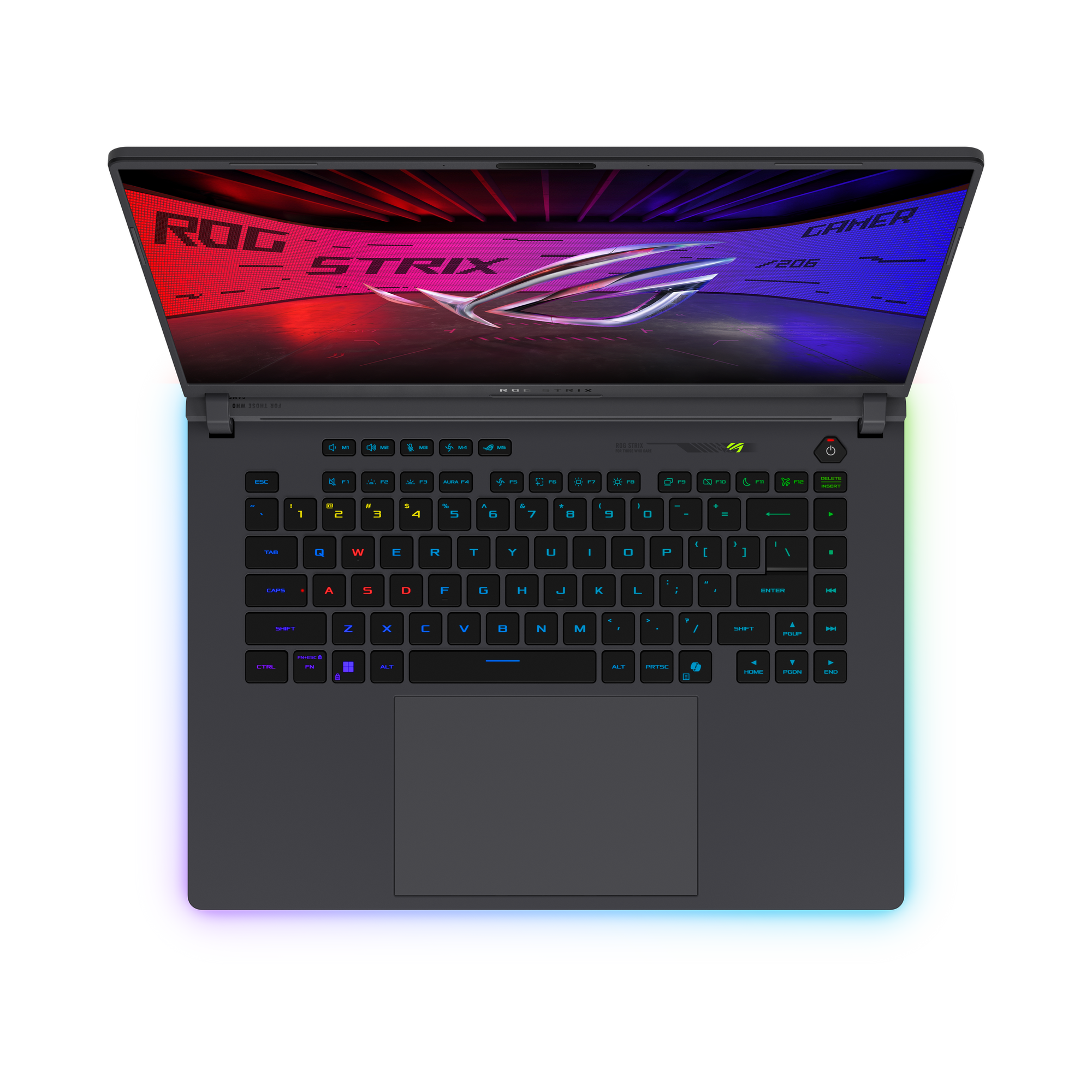 Schwarzer Laptop geöffnet. Tastatur und Touchpad sind sichtbar. Das Display hat einen bunten Rand.
