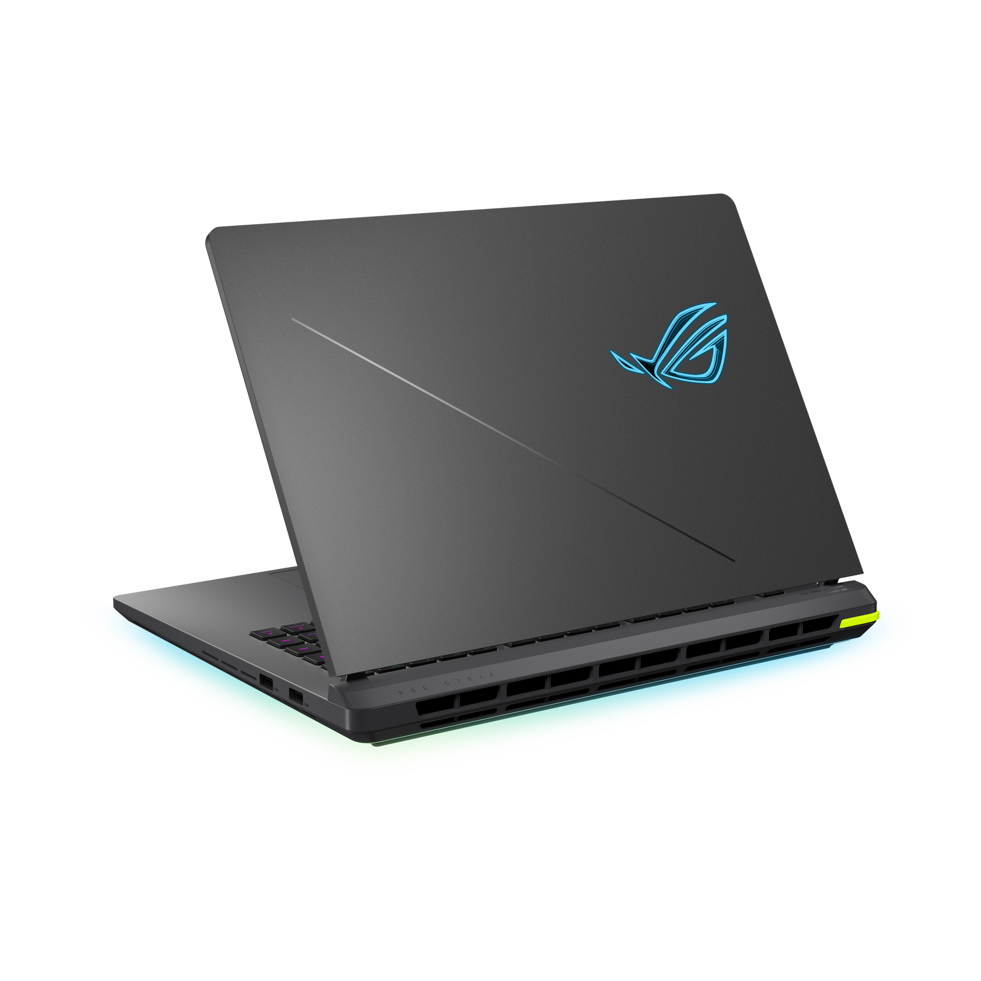 Schwarzer Laptop mit Logo auf dem Deckel. Der Laptop ist leicht geöffnet. Der Hintergrund ist schwarz.