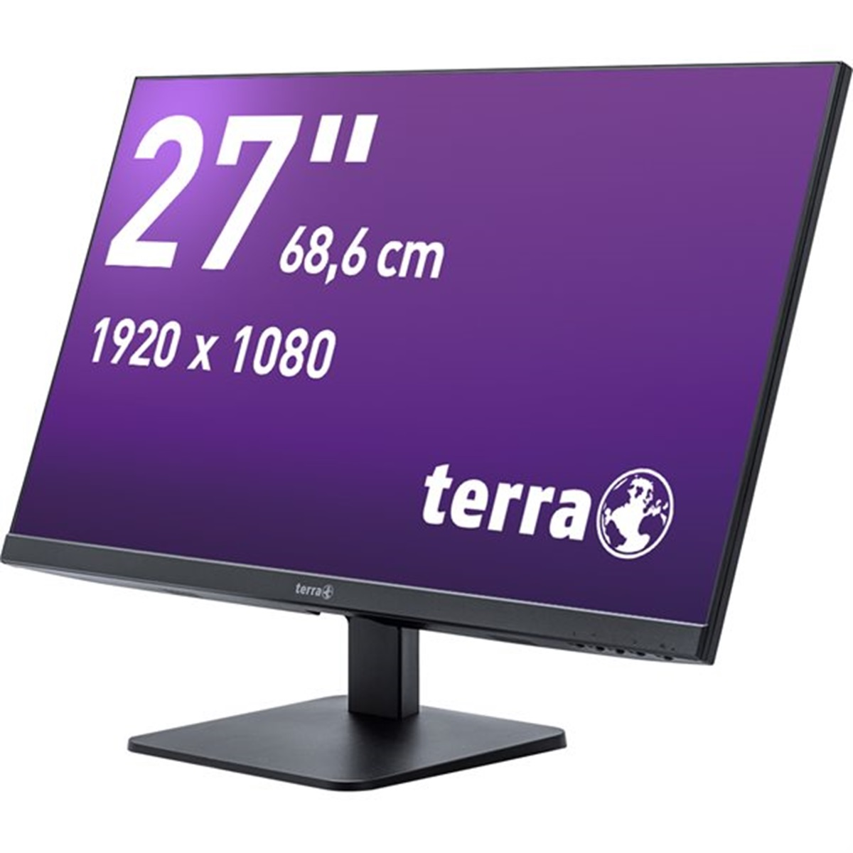 Czarny monitor komputera z napisem 27", 68,6 cm, 1920 x 1080 i logo terra.