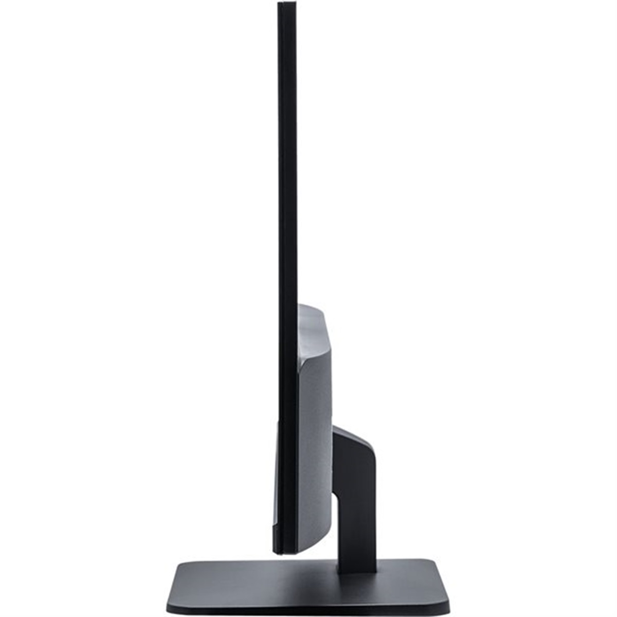 Czarny monitor z boku. Widoczny stojak i podstawa. Tło jest białe.