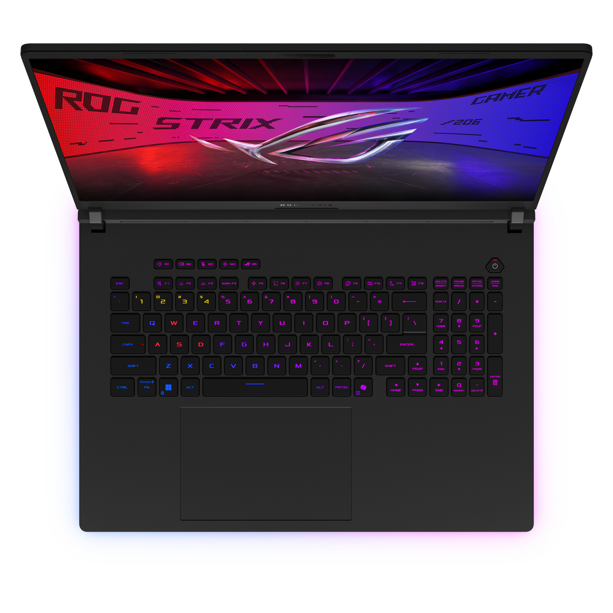 Schwarzer Laptop, geöffnet, mit beleuchteter Tastatur und Bildschirm mit ROG Strix-Text. Farbverlaufs-Umriss.