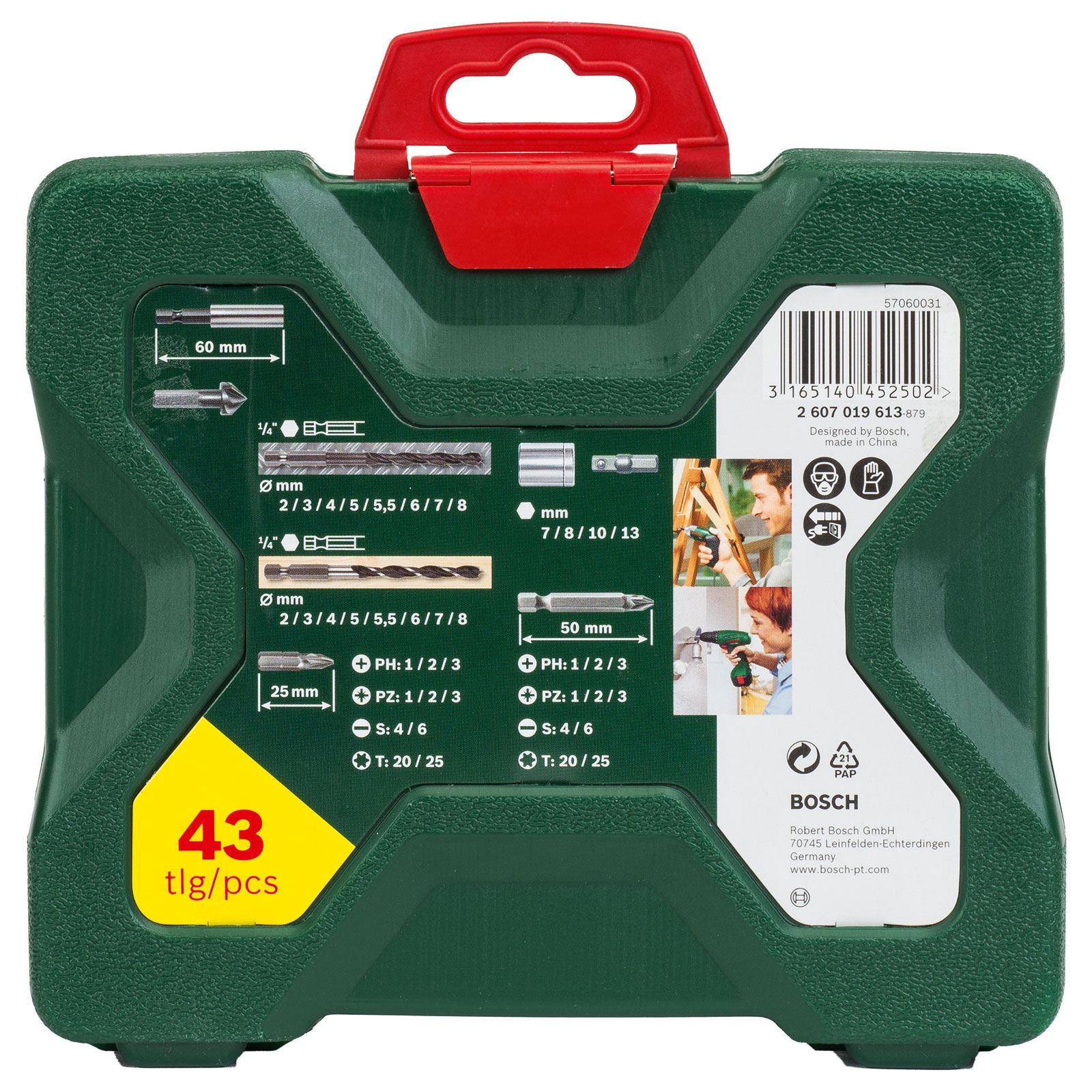 Una cassetta degli attrezzi Bosch verde e rossa, con un set da 43 pezzi, che mostra varie punte da trapano e accessori, e dimensioni.
