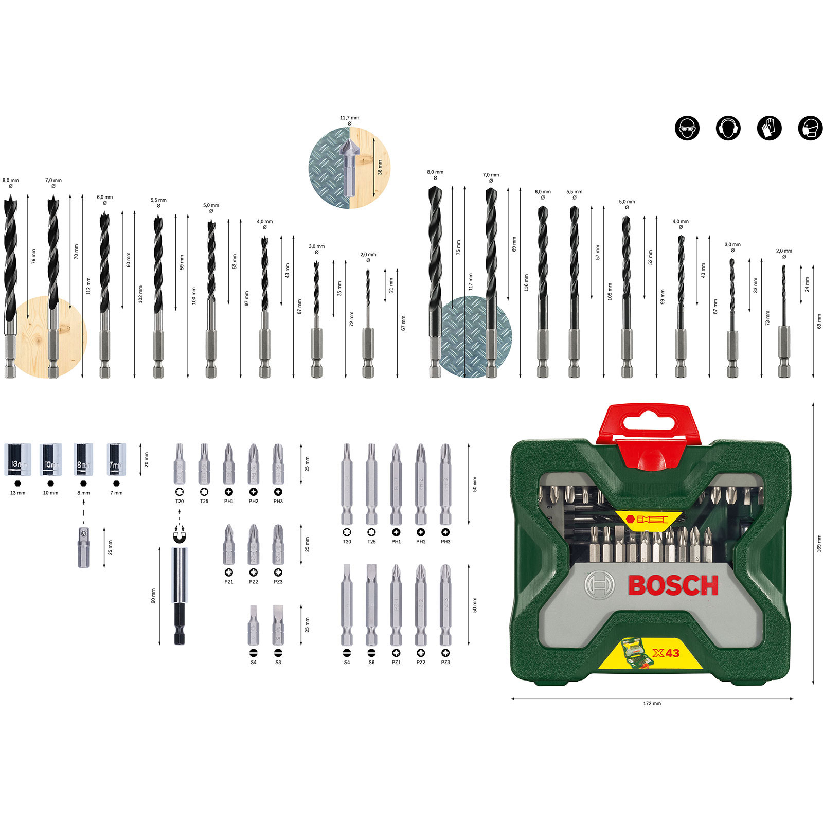 Un set completo di punte da trapano e inserti per cacciavite Bosch, di varie dimensioni, disposti a griglia, con dimensioni etichettate.
